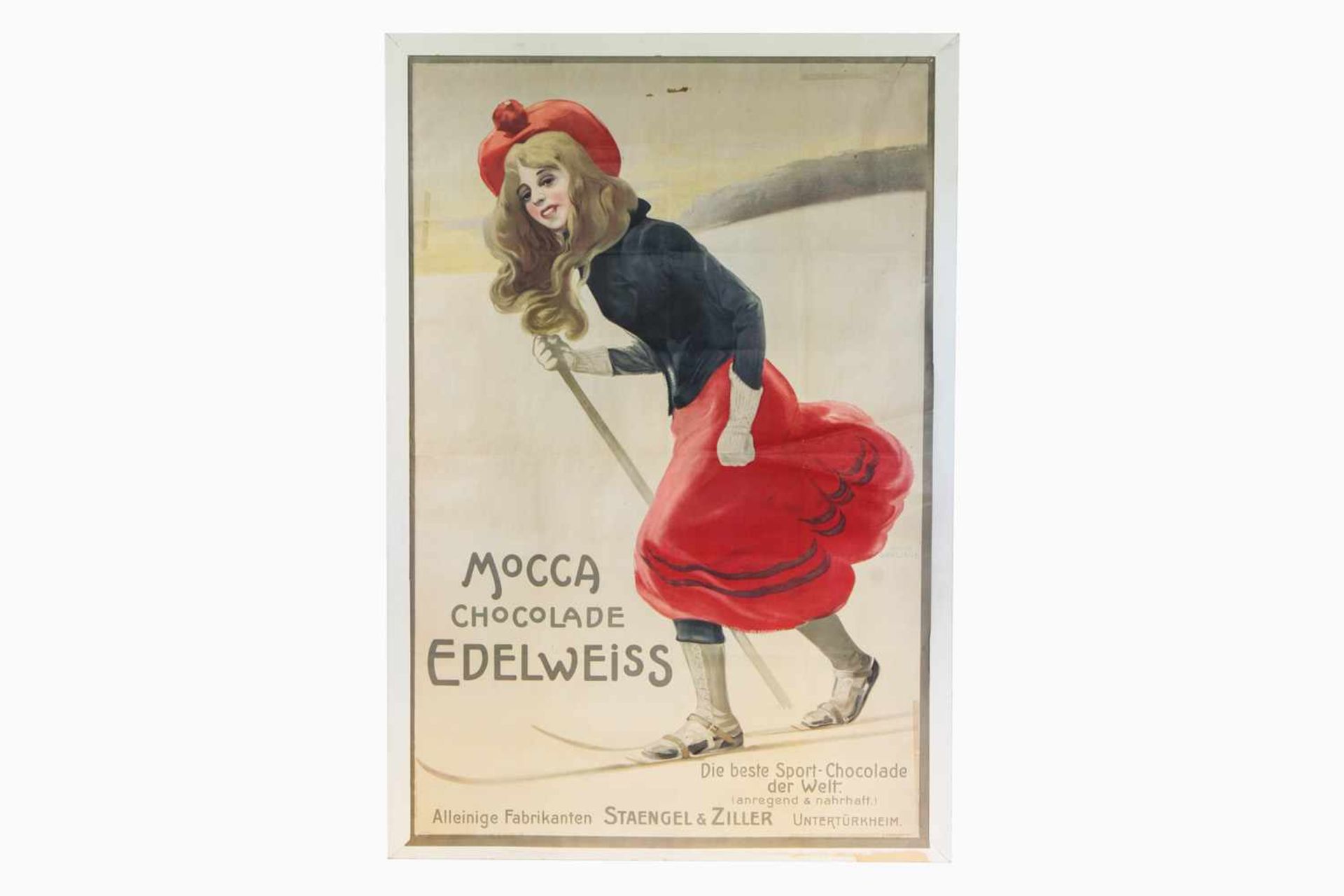 Werbeplakat "Staengel & Ziller Mocca Chocolade Edelweiss", um 1900, signiert Adolf Senglaub, W.