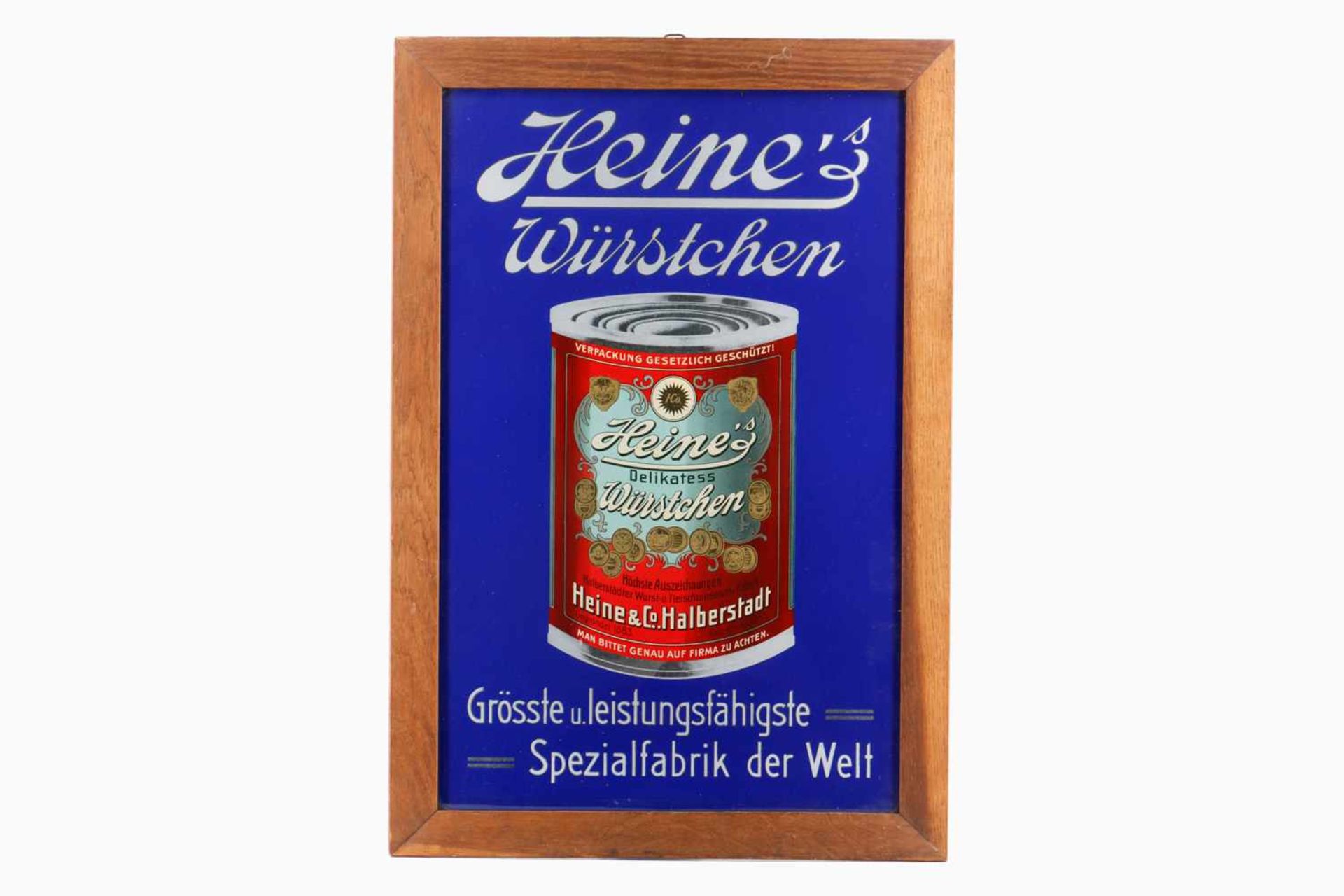 Glaswerbeschild "Heine`s Würstchen", um 1900, gerahmt, 56 x 38 cm- - -22.50 % buyer's premium on the