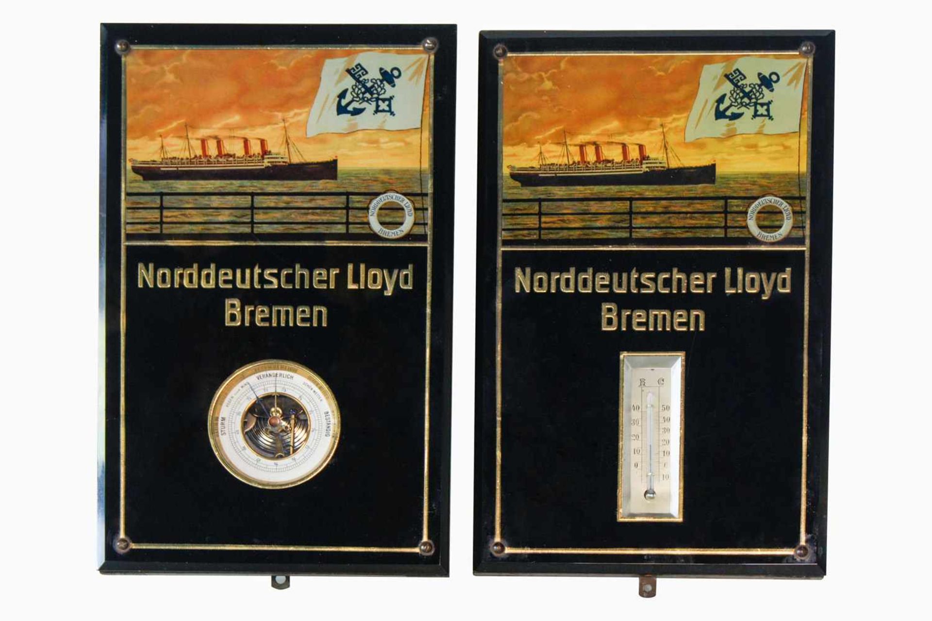 Paar Glaswerbetafeln, Norddeutscher Lloyd Bremen, mit Thermometer und Barometer, um 1900, 38 x 24