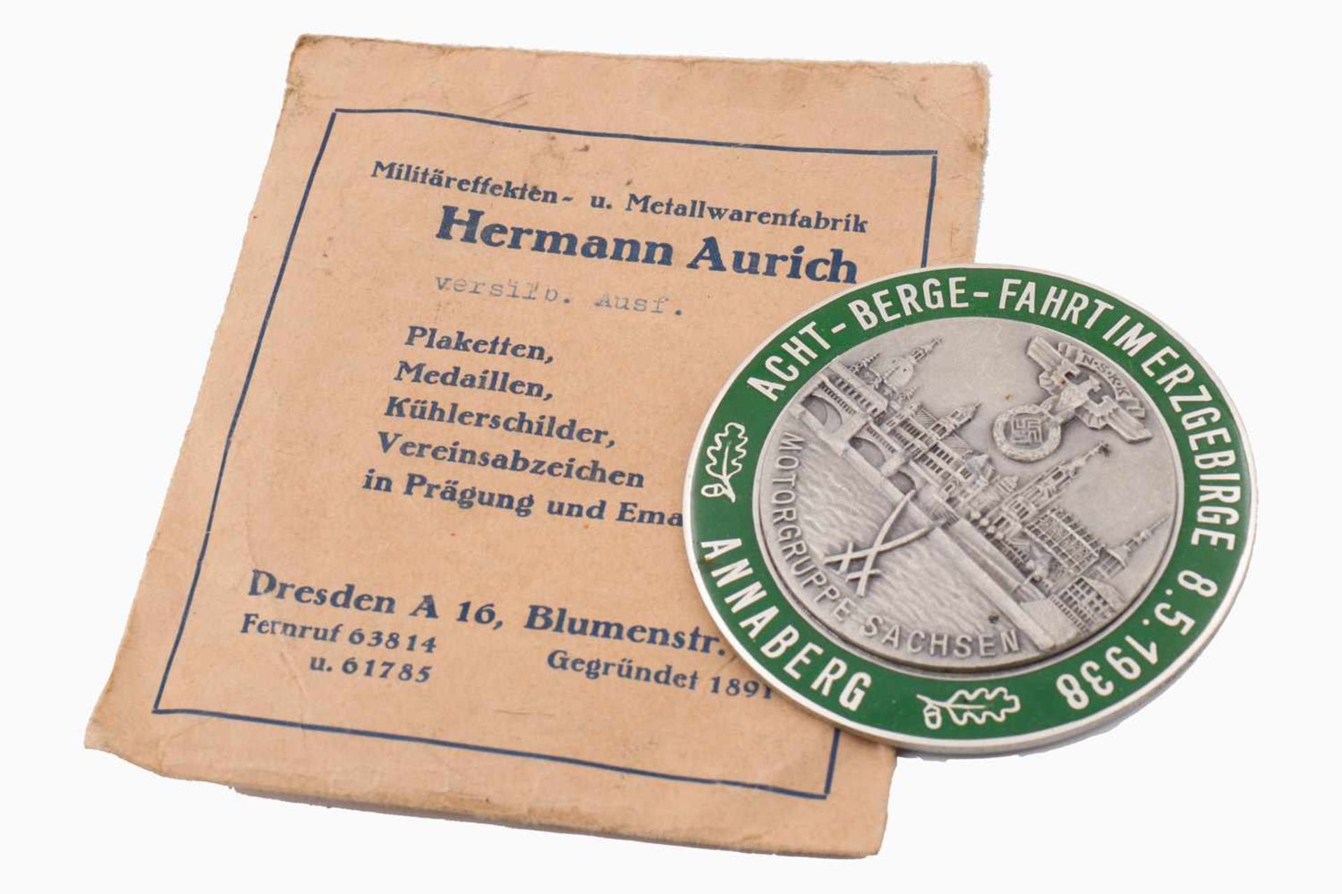 Teilnahme-Plakette, Acht-Berge-Fahrt im Erzgebirge, 1938, Fabrikation H. Aurich. Dresden, neuwertig,