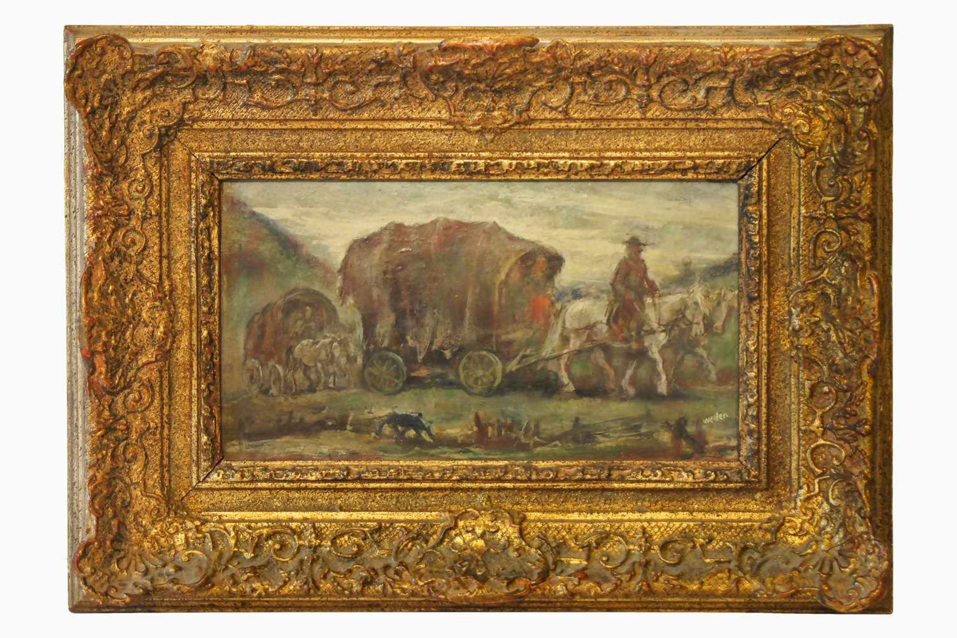 Leo von Welden, Zwei Pferdegespanne mit Planwagen, Öl/Pappe, signiert unten rechts "Welden", 15 x