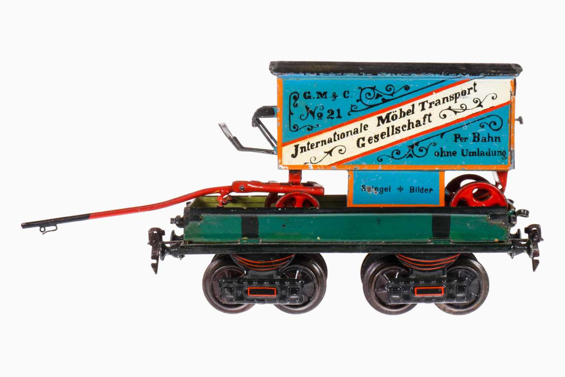 Märklin Möbel-Transportwagen 1877, auf offenem Güterwagen 1818, Spur 1, uralt, handlackiert, mit 2-