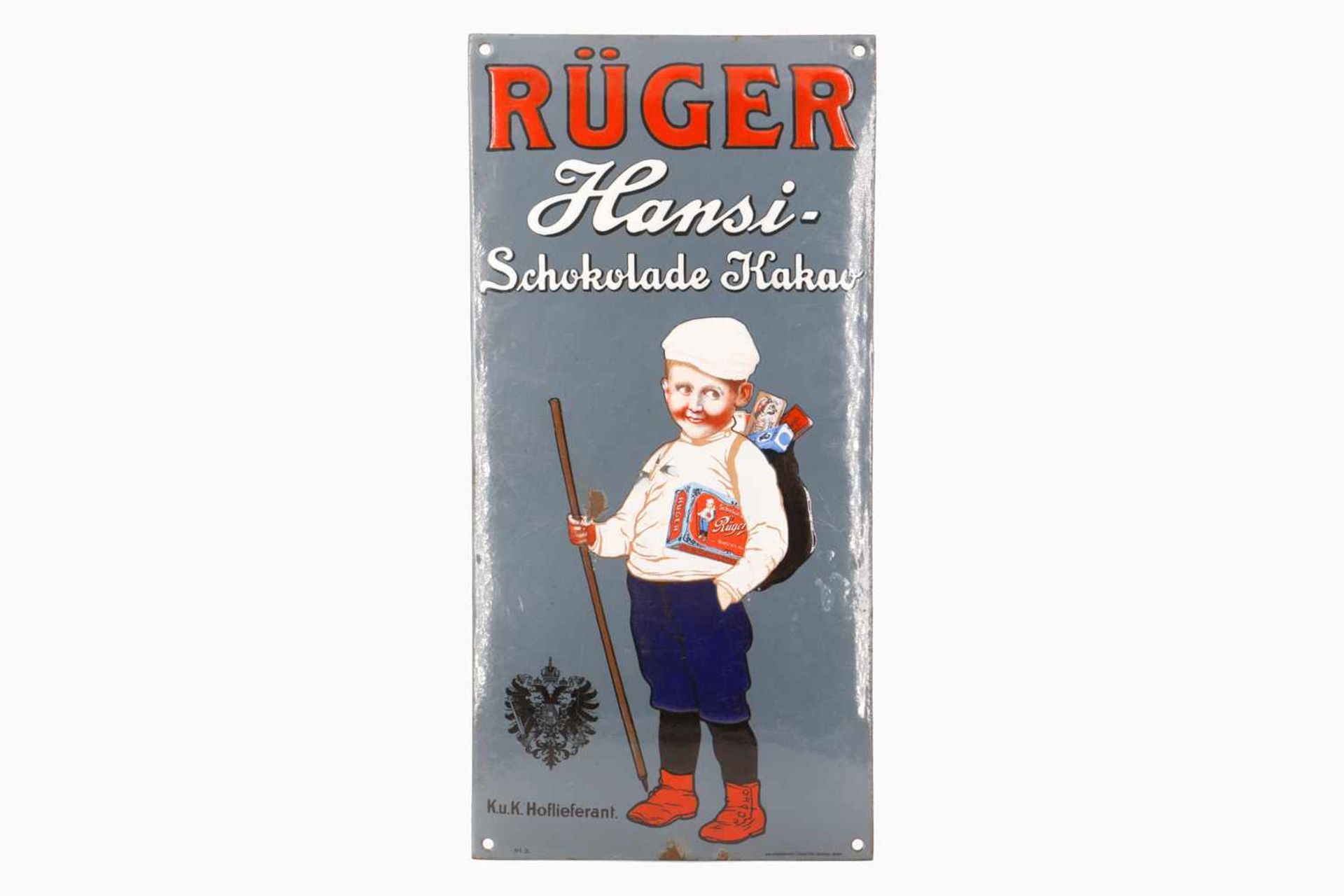 Werbe-Emailleschild "Rüger-Hansi - Schokolade Kakao", um 1900, gewölbt, bezeichnet Nr. 3, Ätz- &