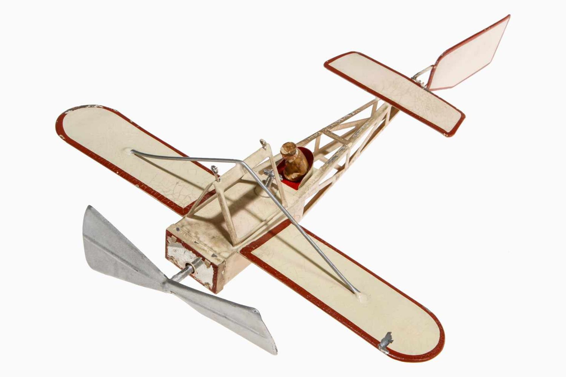 Märklin Flugapparat Blériot, Eindecker 5415/0, um 1912, handlackiert, Uhrwerk intakt, mit Pilot, - Bild 4 aus 5