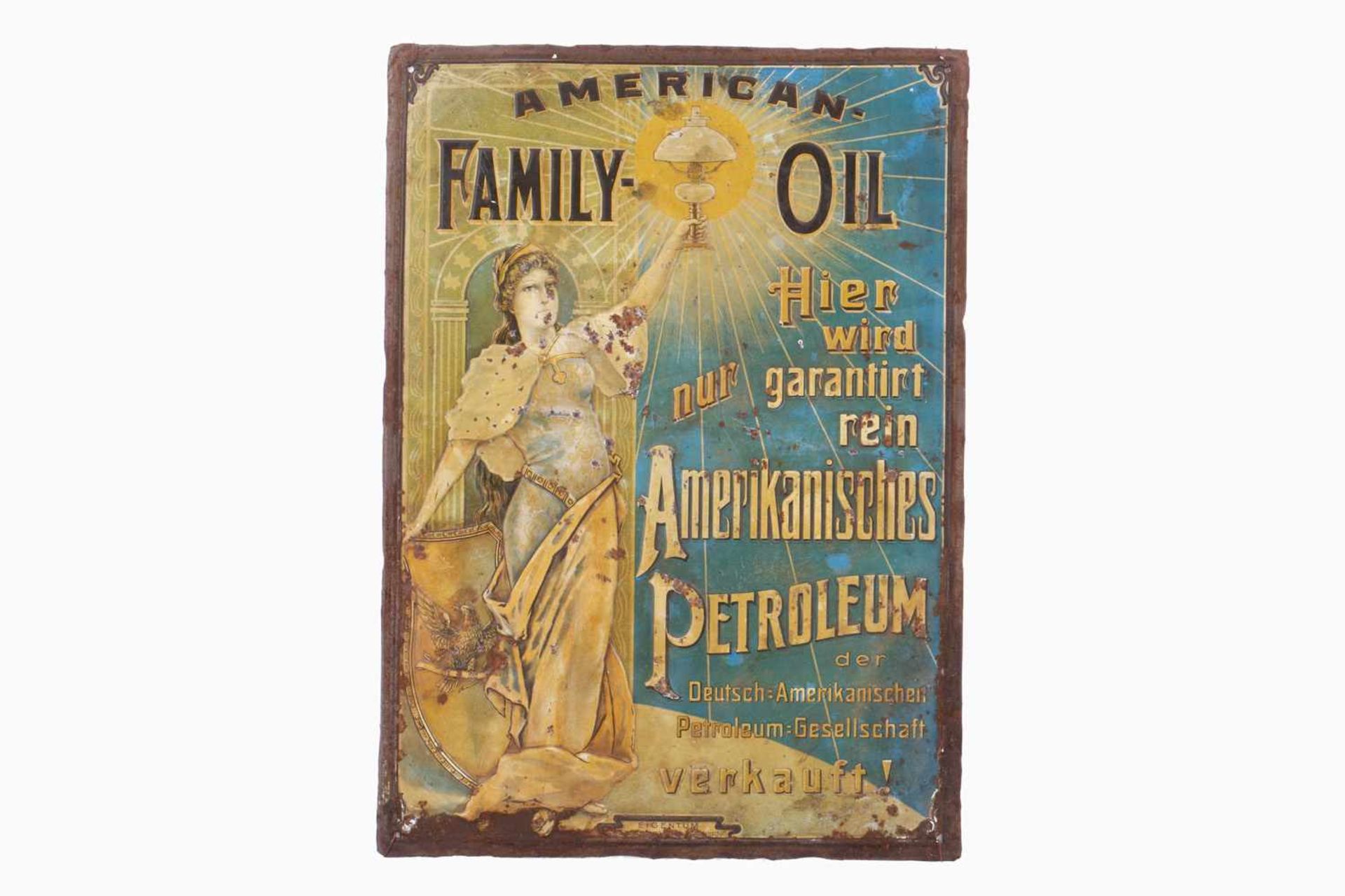 Frühes Dapolin-Werbeblechschild, chromolithografiert, geprägt, Aufschrift "American Family Oil", "