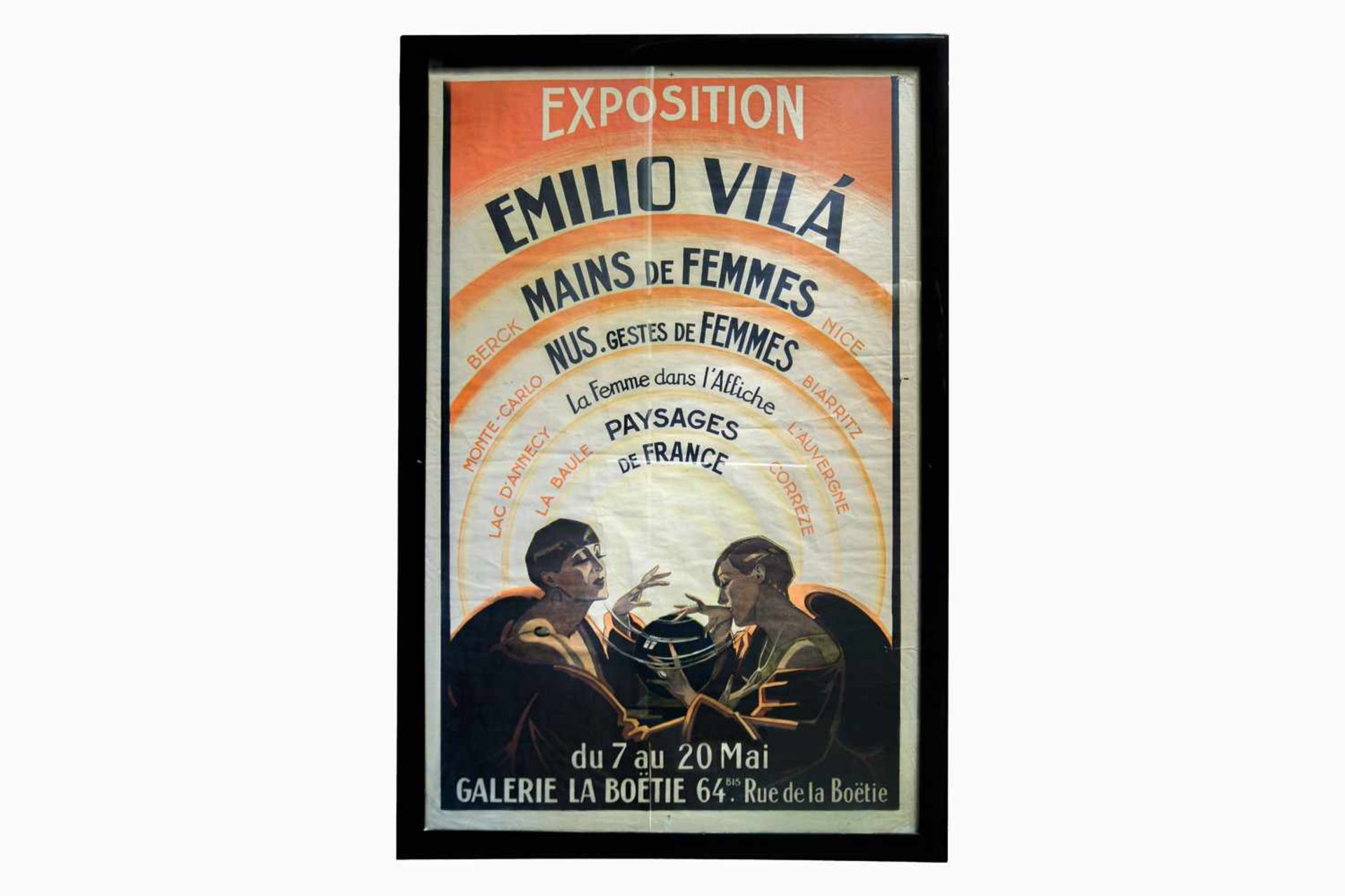 Ausstellungsplakat 1920, Emilio Vilà, Lithografie unter Glas gerahmt, obere linke Ecke Fehlstelle,