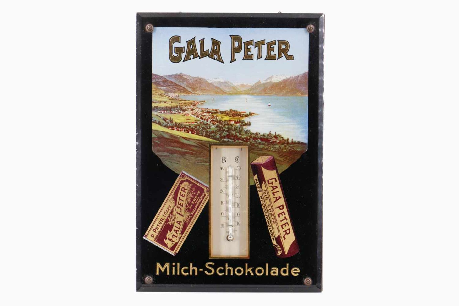 "Gala Peter" Glaswerbetafel mit Themometer, für Milchschokolade, mit Bodenseemotiv, 36 x 24 cm, sehr