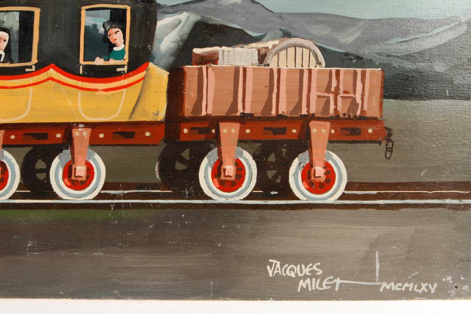 Jaques Milet, Holzplatte mit Ölgemälde von Märklin Adlerzug, signiert Jaques Milet 1965, bekannter - Image 2 of 2