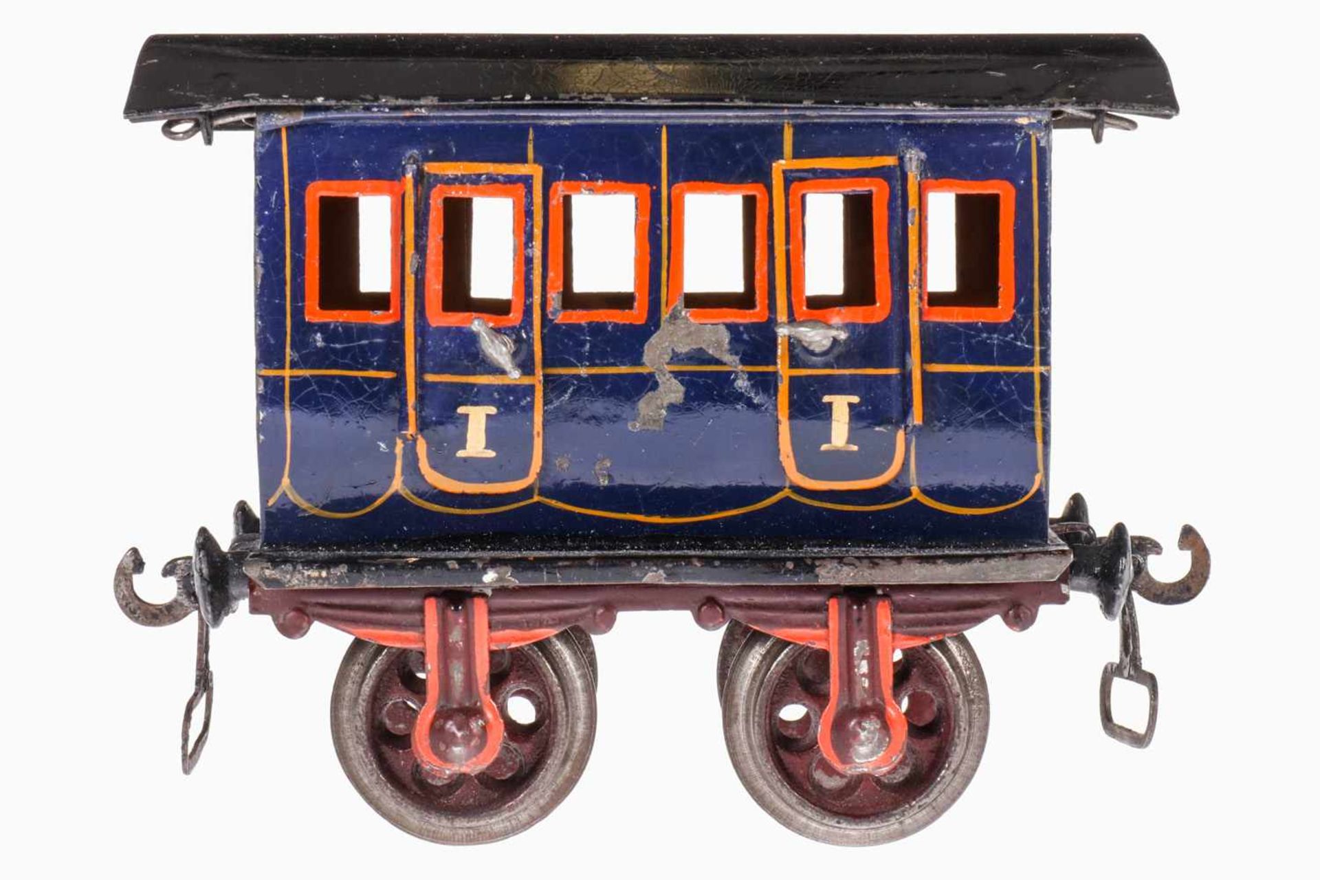 Märklin Coupé-Wagen 1806, Spur 1, uralt, handlackiert, mit Inneneinrichtung, 4 AT, 2 A Gussräder,