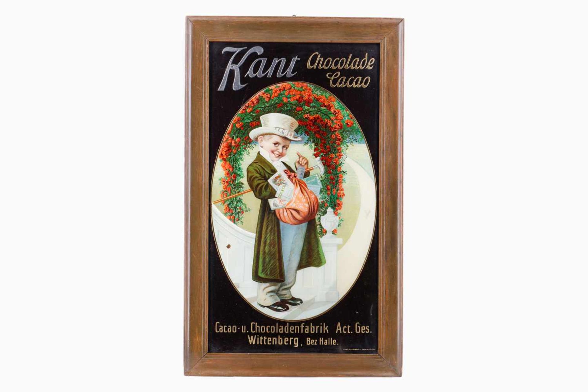 Werbeglasschild "Kant Chocolade Cacao", Wittenberg, Glasplakatefabrik Offenburg, um 1900, gerahmt,