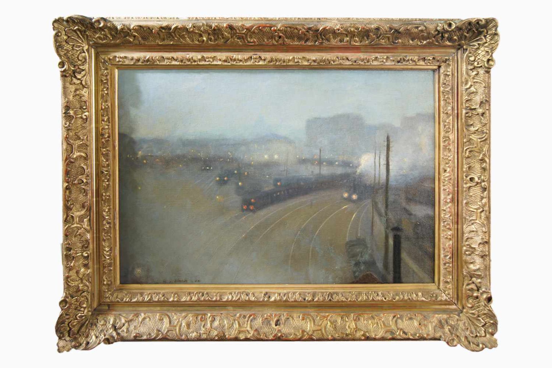 Raoul André Uhlmann, 1903, Impressionistische Eisenbahnszene mit Bahnhof, Öl-Leinwand, unten links