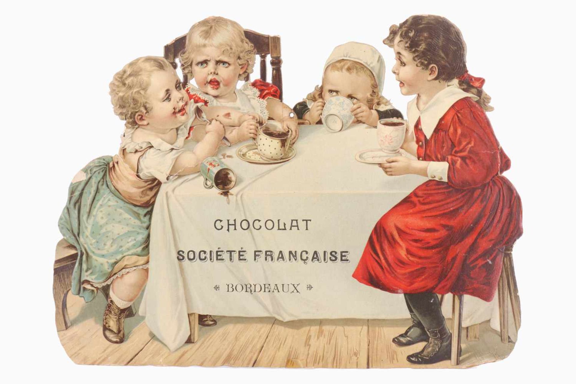 Werbe-Pappschild "Chocolat Société Francaise Bordeaux", um 1900, Kindermotiv, 1 Seite leicht