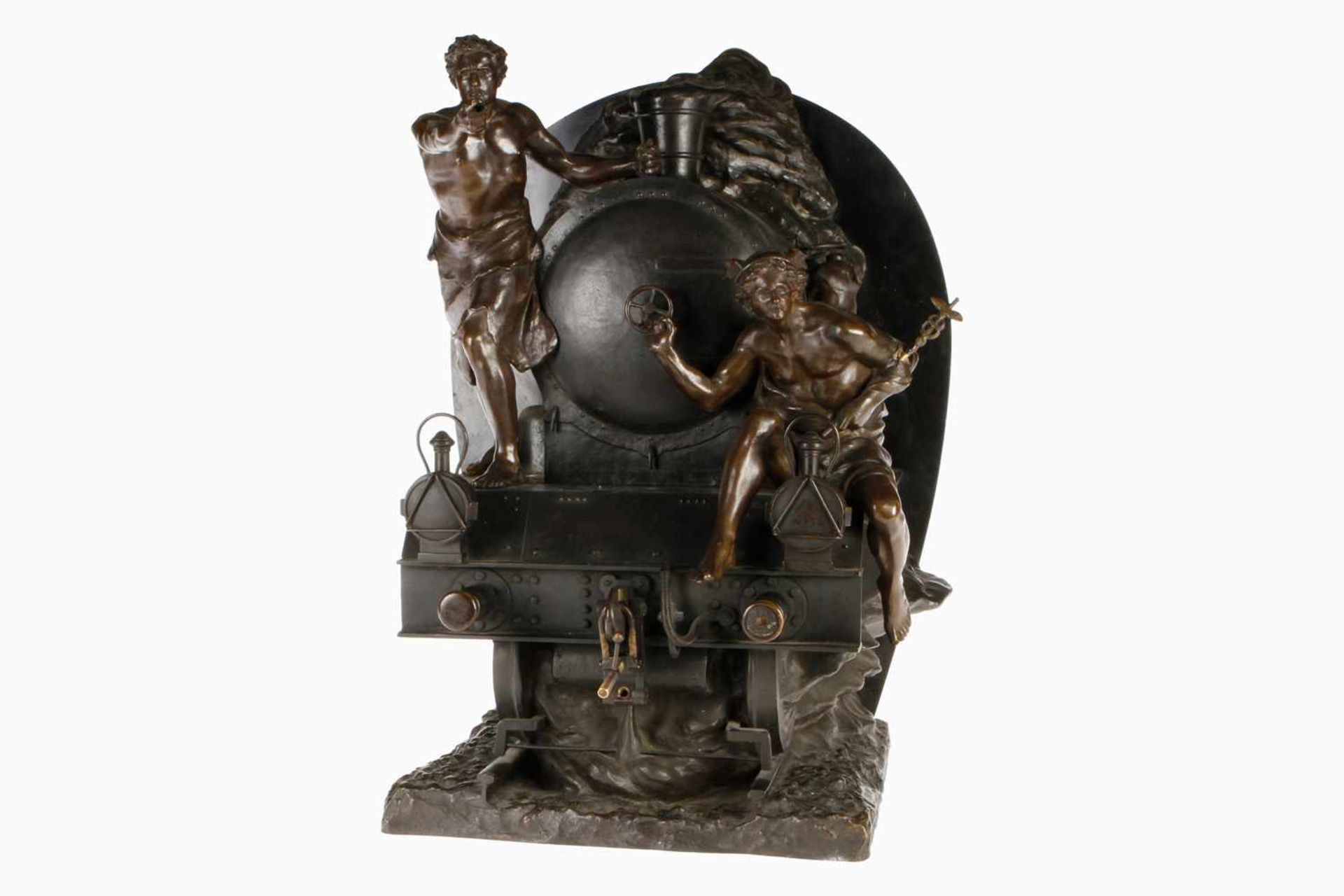 Große Bronze zur Eröffnung des Simplon-Tunnels, signiert G. Colin, mit Lokomotive, Hermes und - Bild 2 aus 4