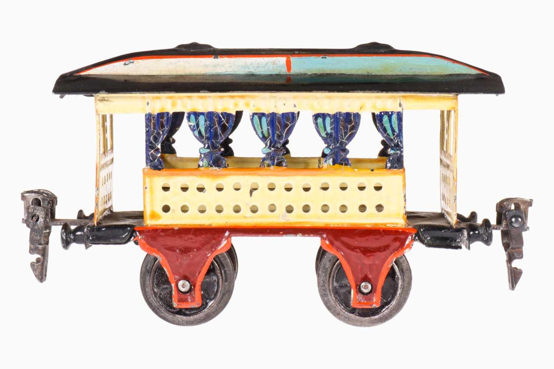 Märklin Sommerwagen 1825, Spur 0, uralt, handlackiert, mit Inneneinrichtung, blaue Vorhänge, Länge