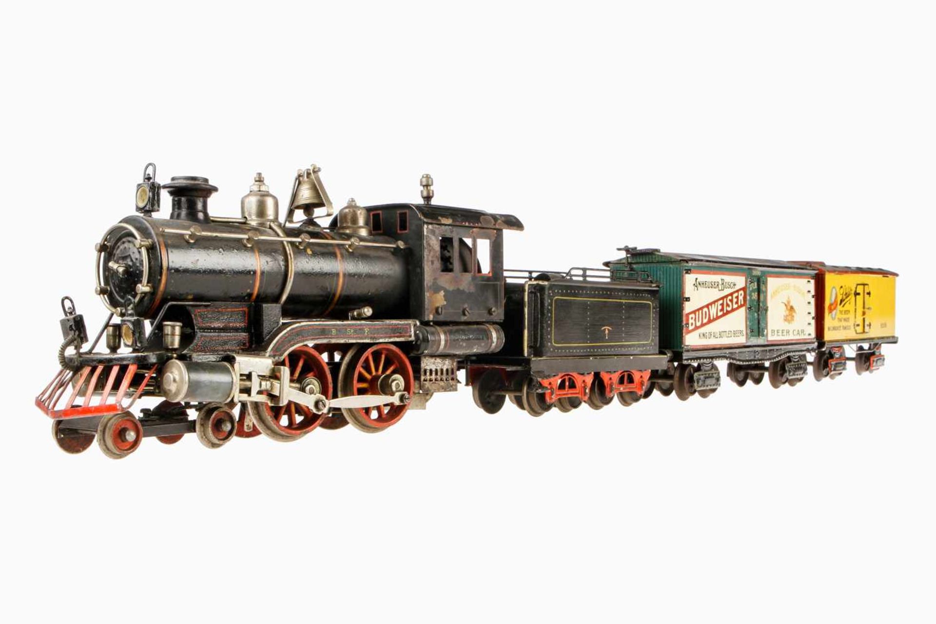 Märklin amerikanischer Bierzug, Spur 1, ab 1904, handlackiert, 2-B Spiritus-Dampflok AE 4021, mit