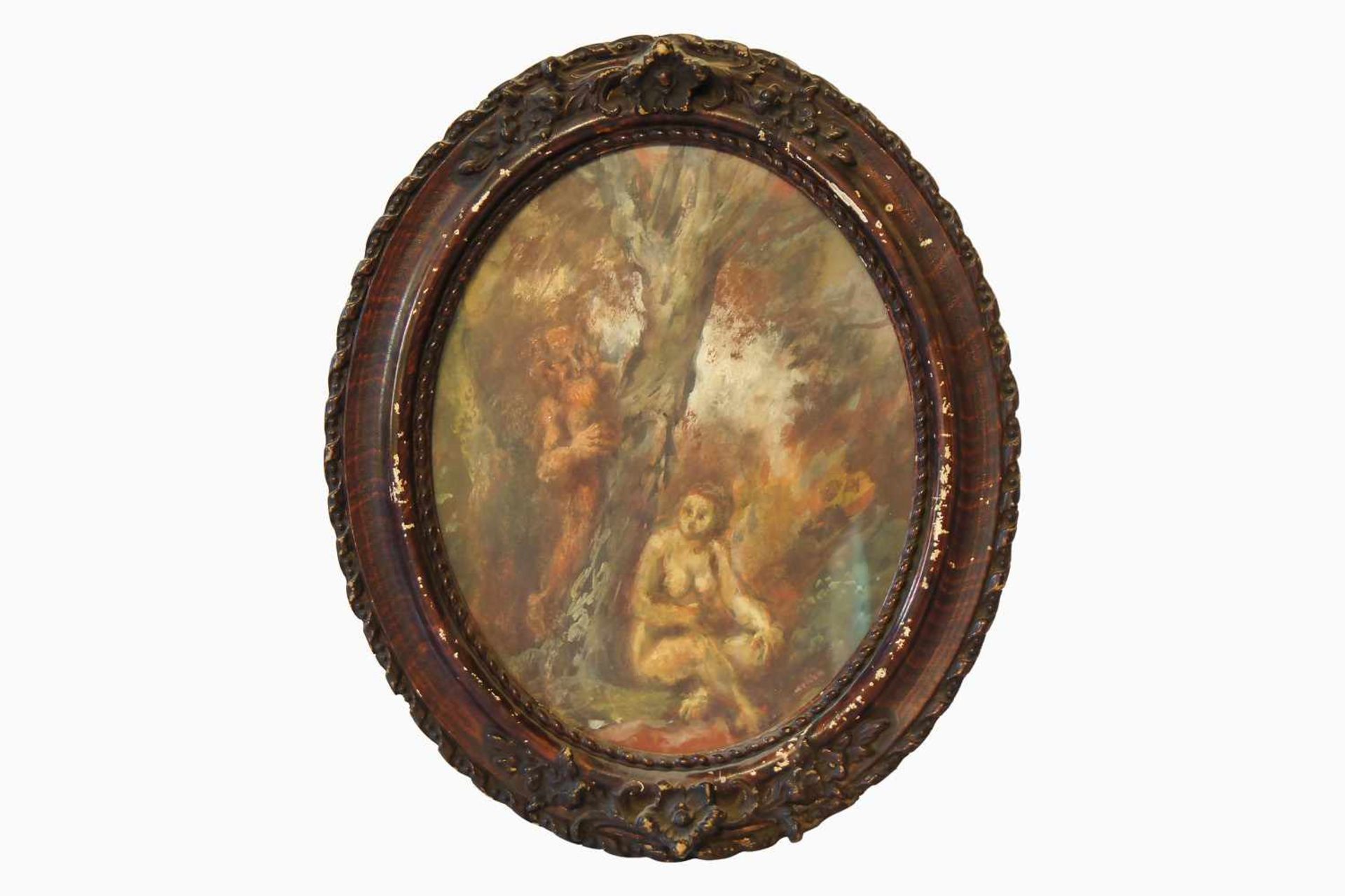 Leo von Welden, Faun mit Mädchen im Wald, Öl/Pappe, signiert unten rechts "Welden", Oval, Höhe 24