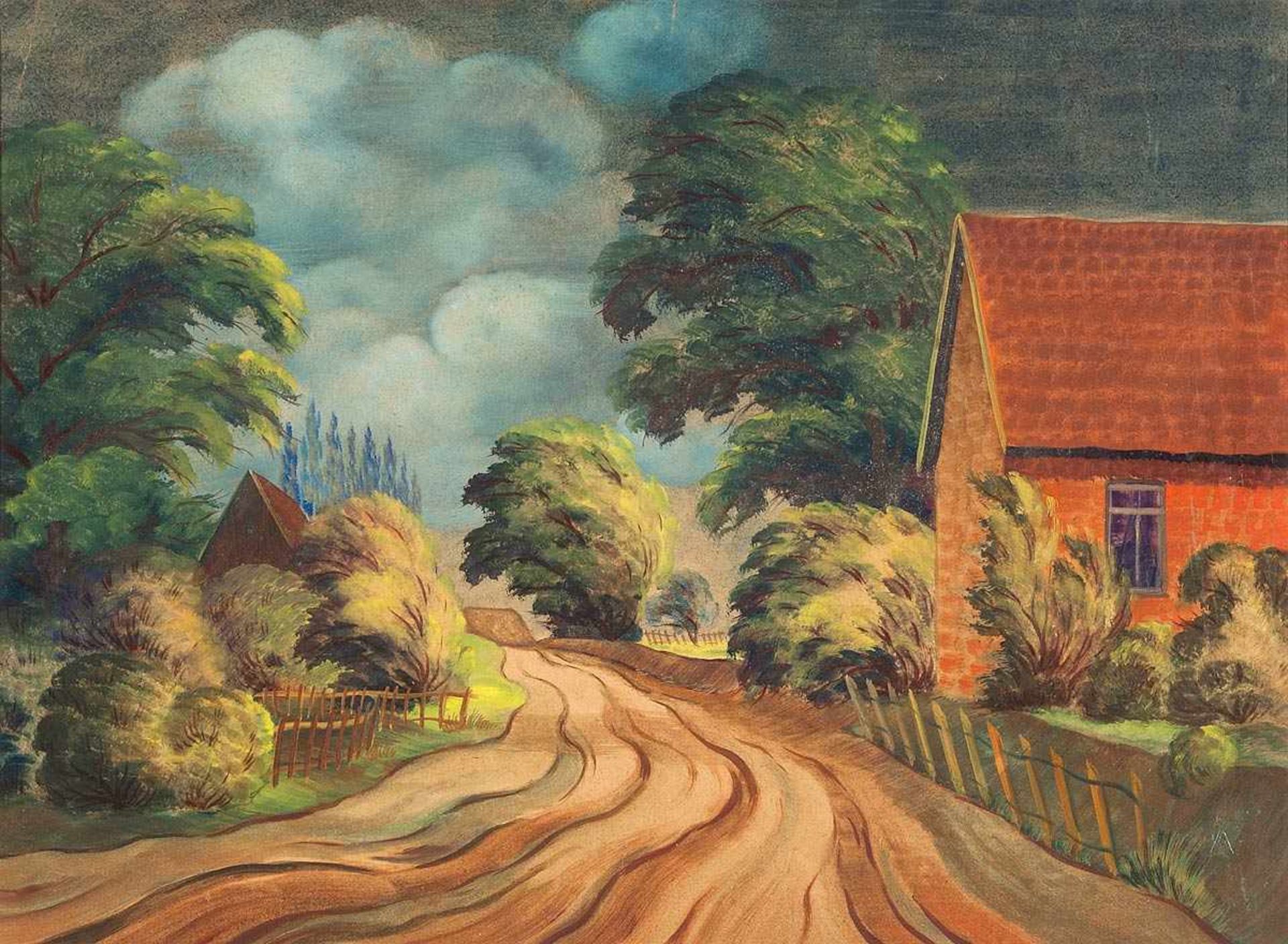 Arnold, Christian(Fürth 1889 - 1960 Bremen)Dorfstraße. Aquarell u. Gouache auf Papier. 40er Jahre.