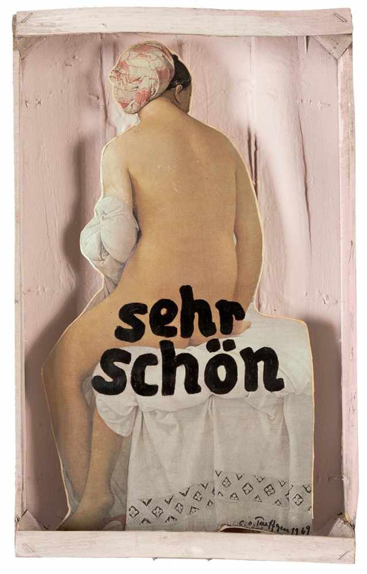 Paeffgen, Claus Otto(1933 Köln 2019)Ingres. Acryl auf Holzkiste u. Collage, Offset auf Karton. 1969.