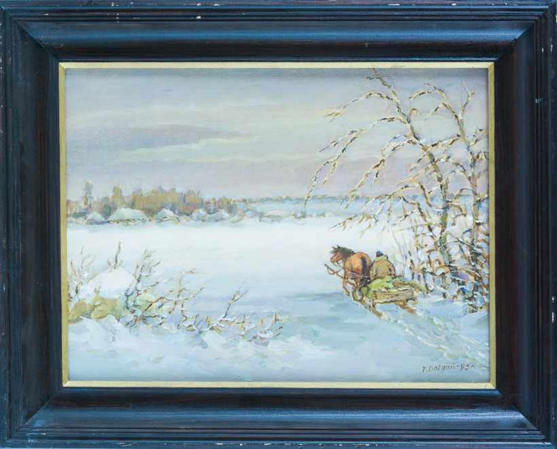 Dotgari, Feliks (Polen, Lublin um 1995)Winterlandschaft mit Pferdeschlitten"Zima". Sign. Lwd. Ca.