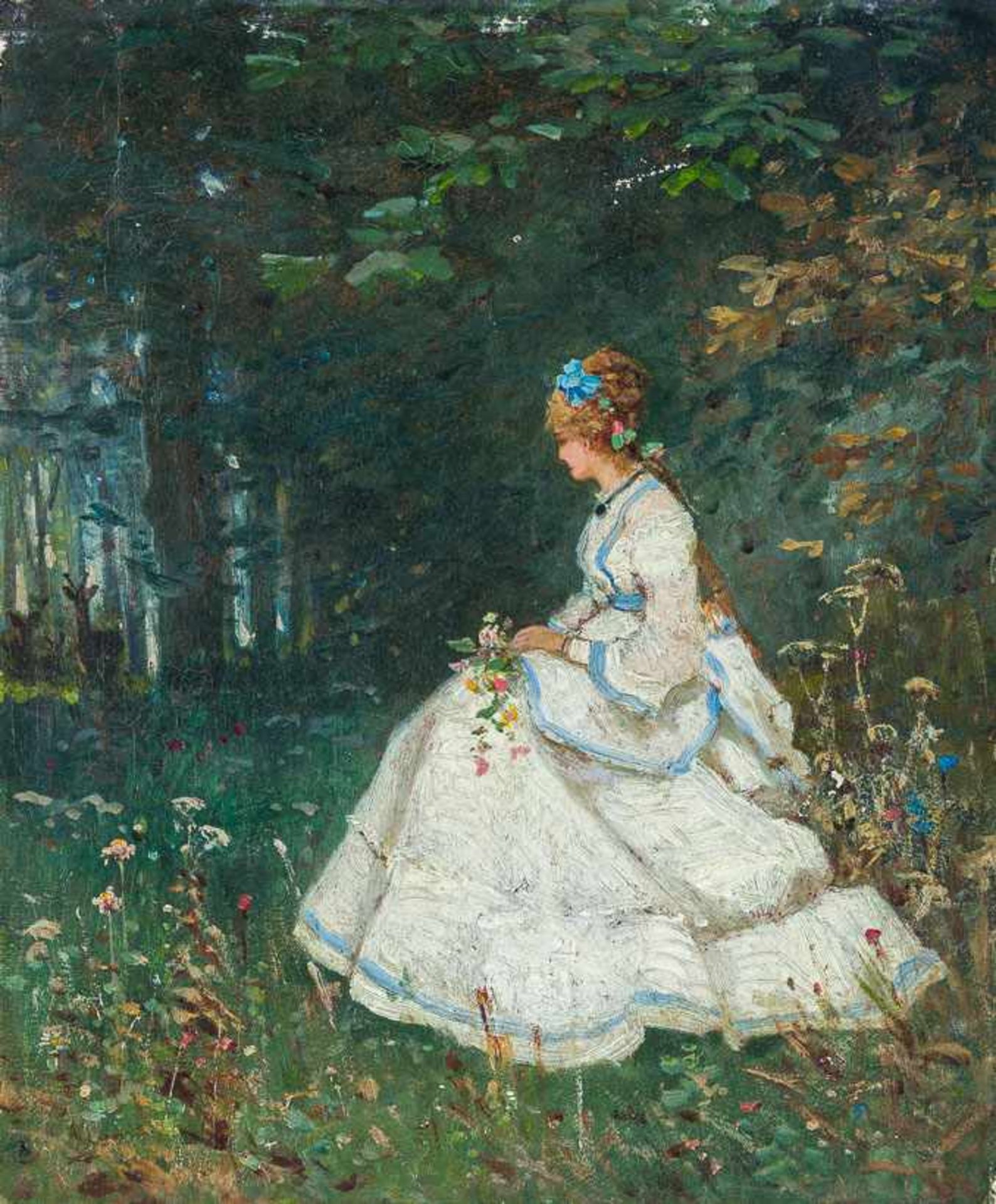 Lunois, Alexandre (Paris, Le Pecq 1863-1916)GenovevaJunge Dame in hellem Ausgehkleid auf