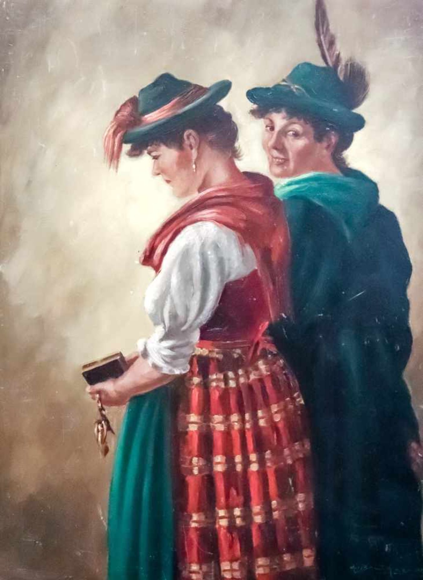 Brückner, Curt (geb. 1896)Zwei Kirchgängerinnen in bayerischer TrachtSign. Öl auf Hartfaserplatte.