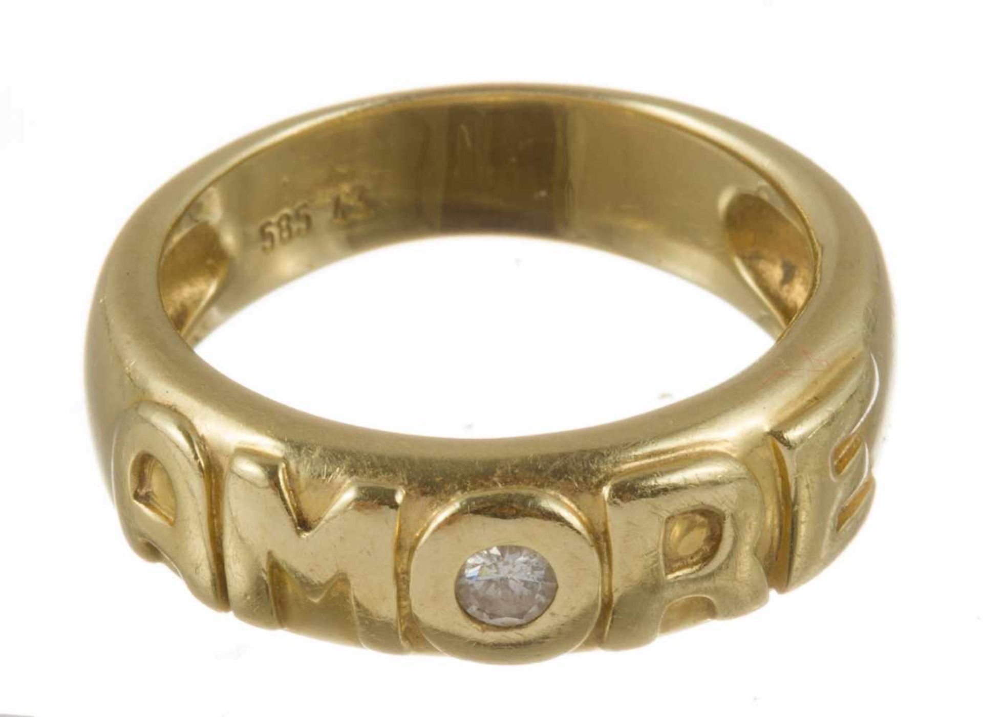 Goldring"Amore". 585/f. Gold. Ausgefasst mit winzigem Diamanten. Gew. ca. 4 g. Ringgr. 52.(58306)