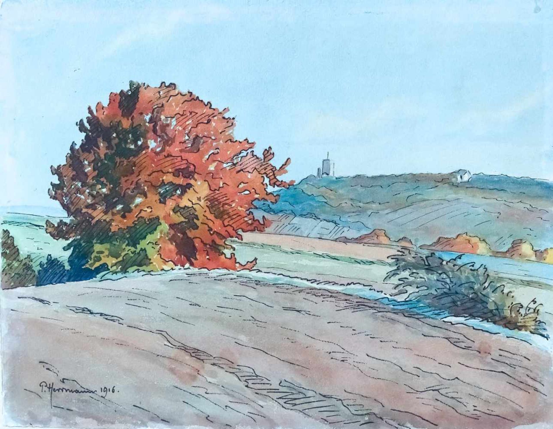 Herrmann, P. (Landschaftsmaler, um 1916)Herbstlandschaft1916Feder und Aquarell auf Bütten,