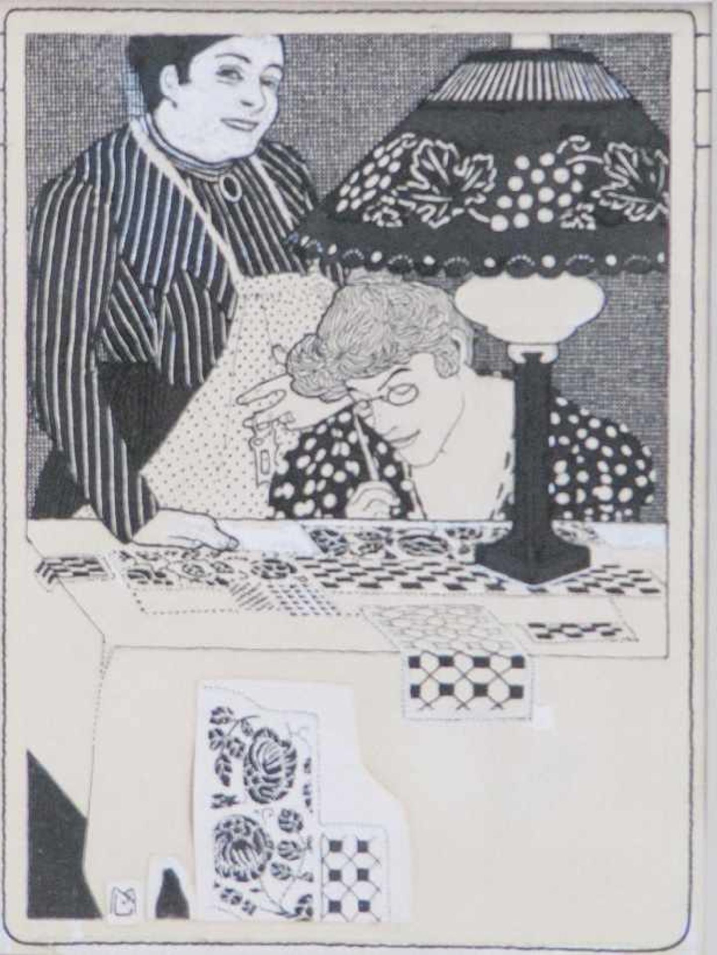 Luttich, Mila von (1872-1929)Die StoffmusterentwerferinAm Tisch unter Lampe. Neben ihr