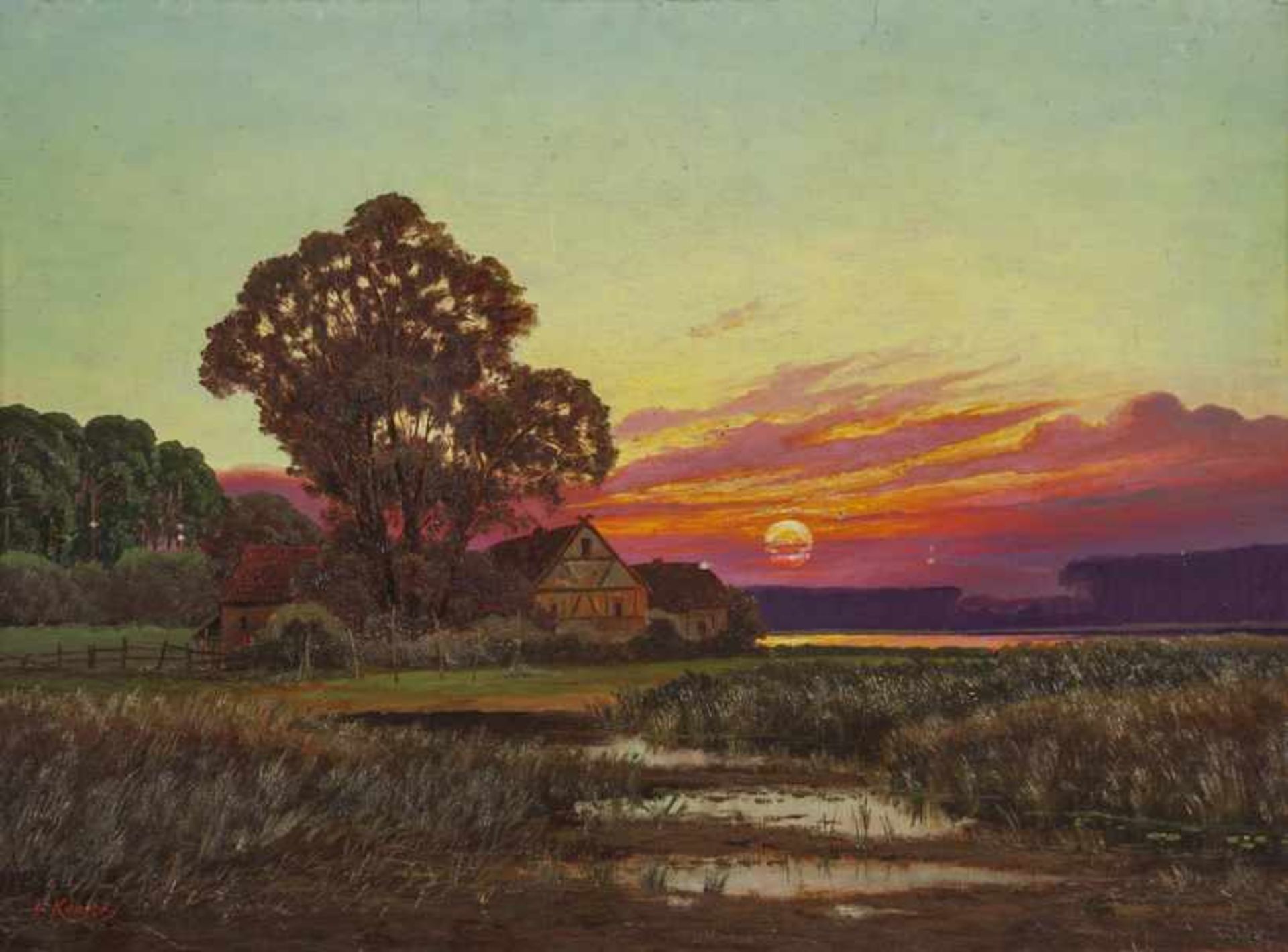 Köhler, P. (1. H. 20. Jh.)Sonnenuntergang über norddeutscher Landschaft mit GehöftSign. Malkarton.