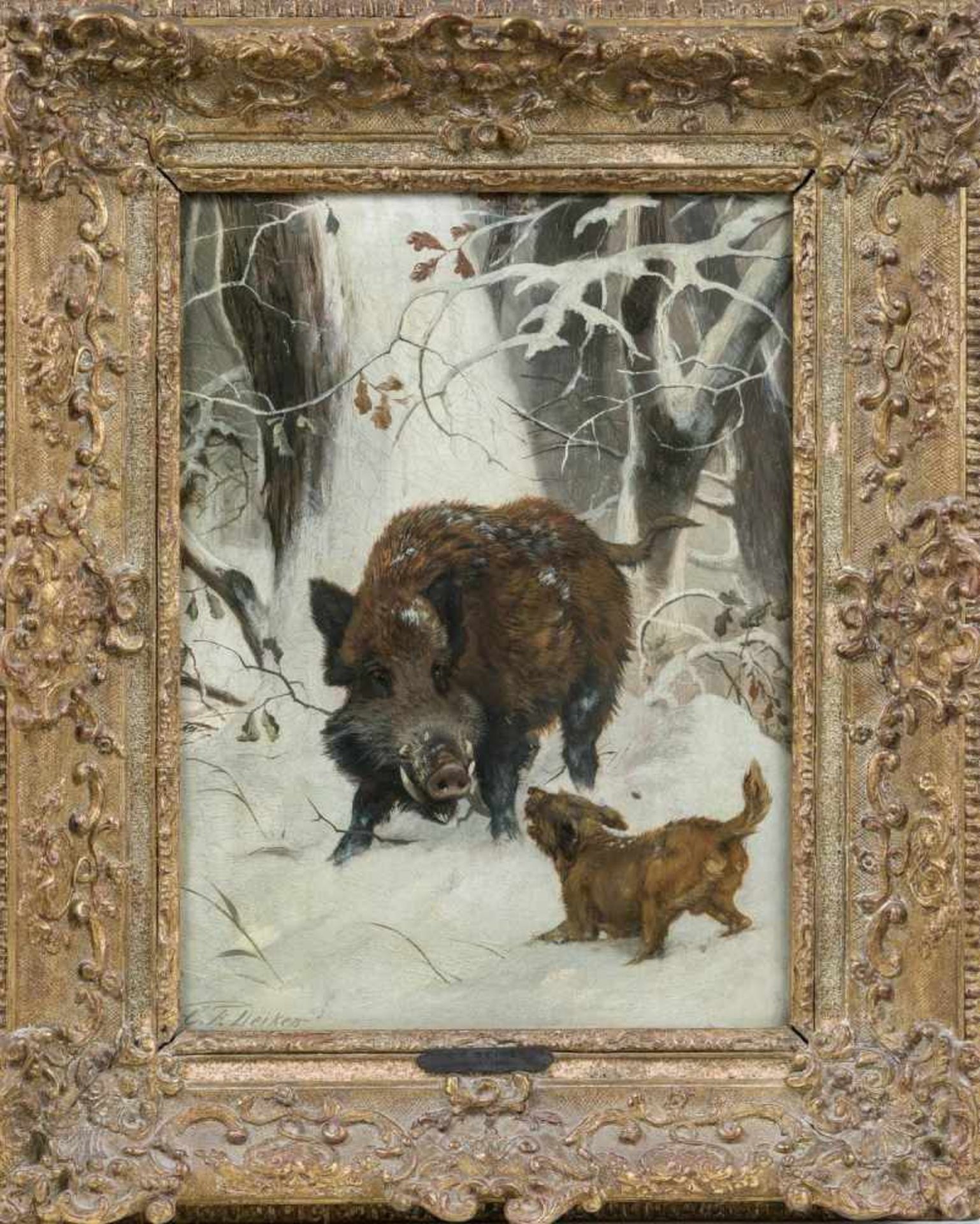 Deiker, Carl Friedrich (Wetzlar, Düsseldorf 1836-1892)Von kl. Hund gestellter Eberin Winterwald.