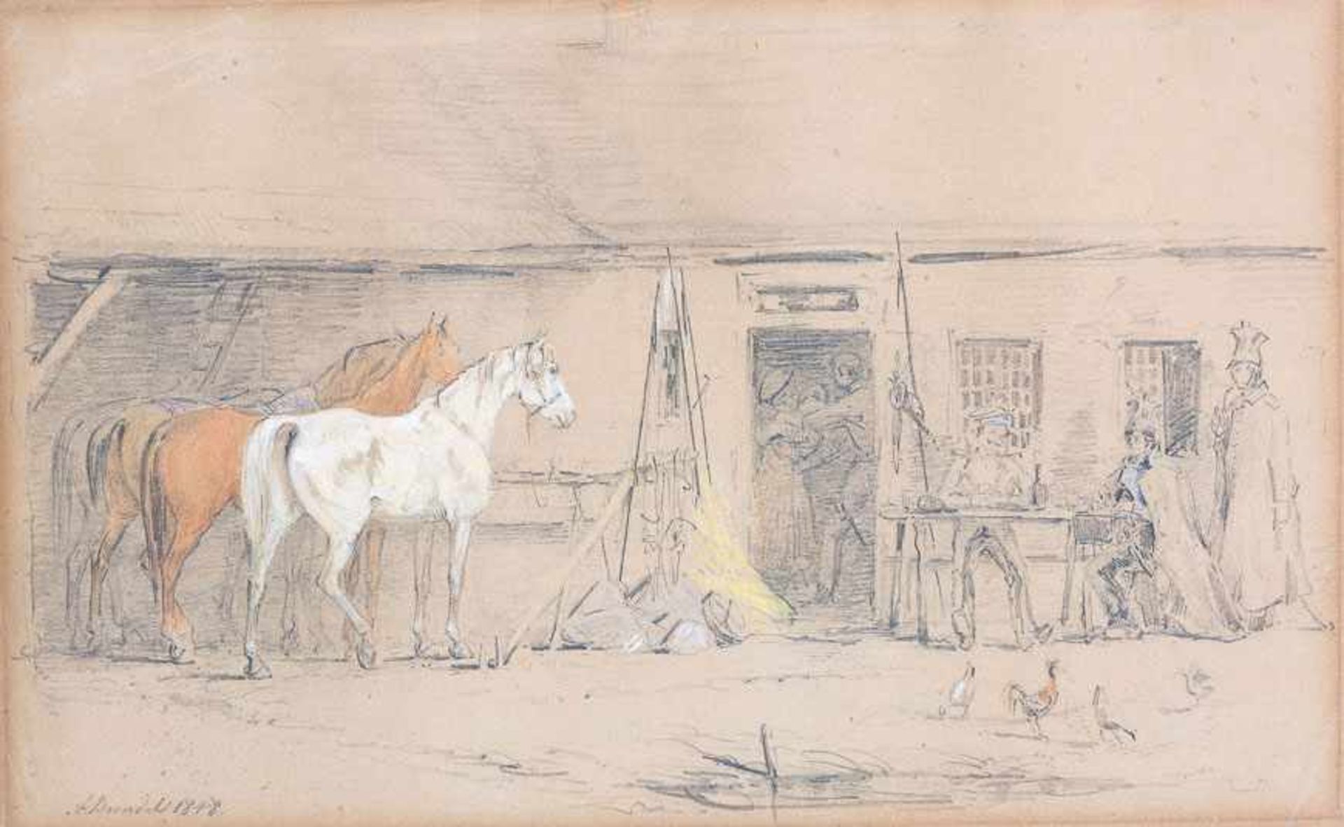 Brendel, Albert (Berlin, Weimar 1827-1895)Vor dem WirtshausDrei angebundene Pferde und trinkende