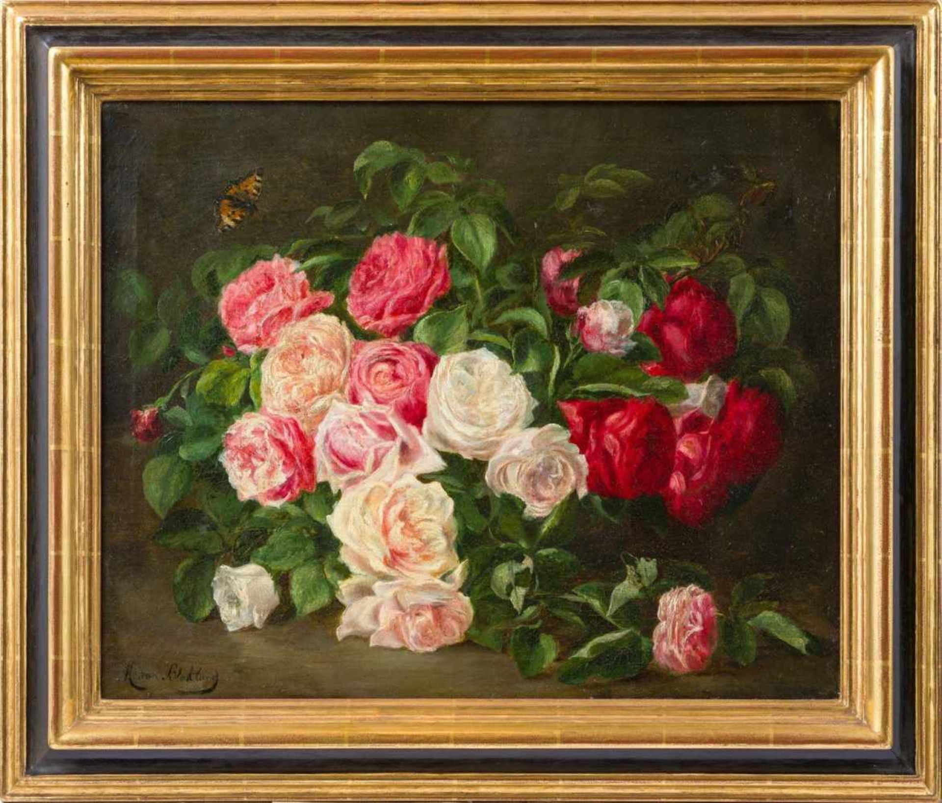 Blokland, Mathilde van (1851-1917)Rote und weiße RosenSchmetterling. Sign. Lwd. Ca. 45×55 cm. R.(