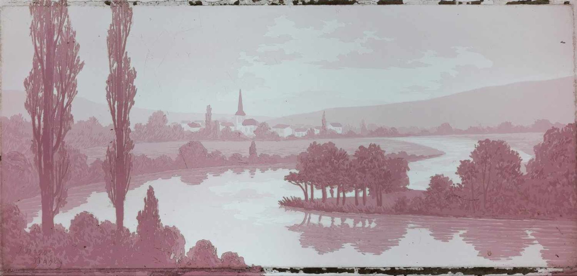 Glasbild mit FlusslandschaftNancy, um 1900Farbloses, violett überfangenes Glas. In mehreren