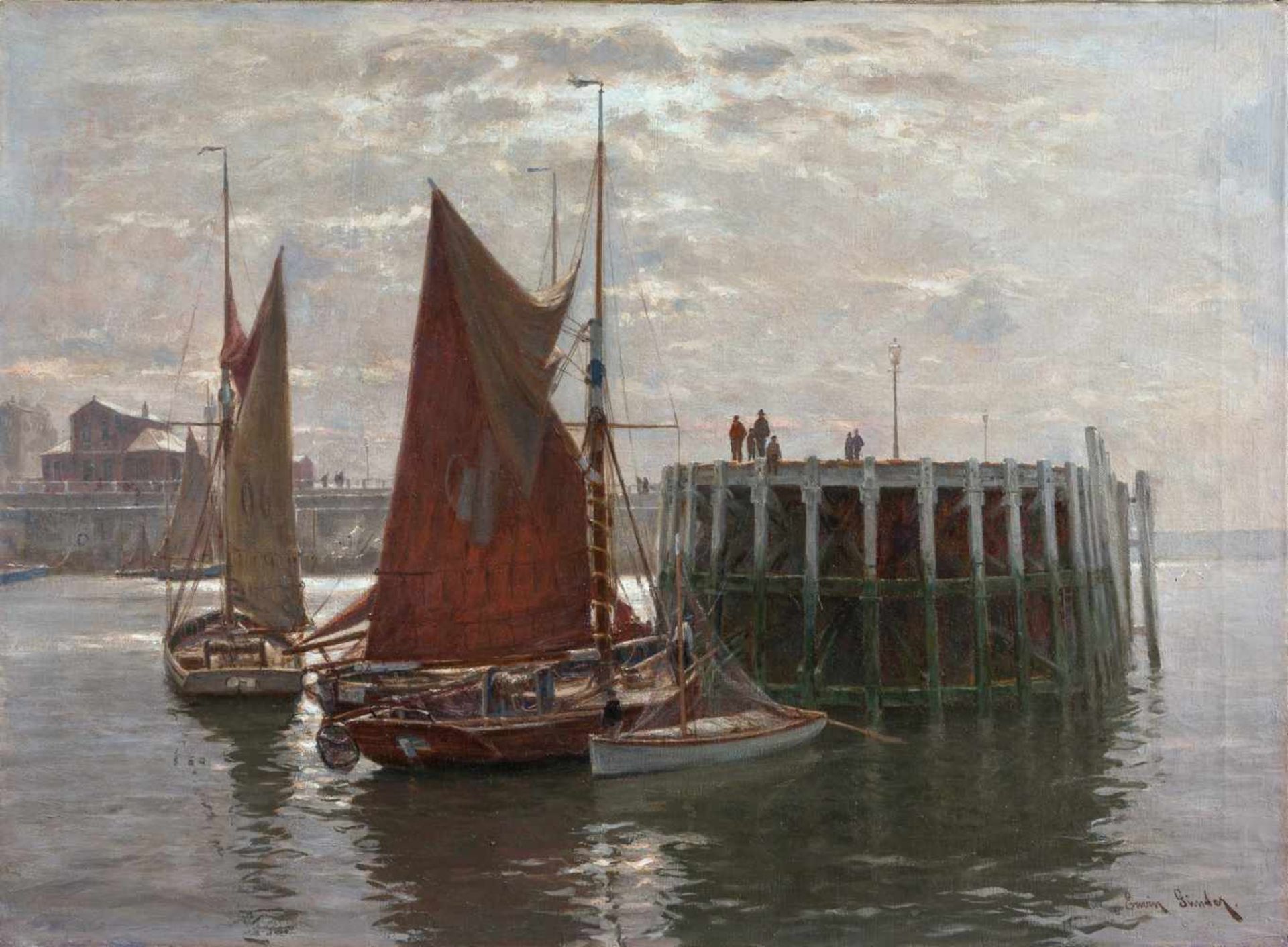 Günter, Erwin (Hamburg, Düsseldorf 1864-1927)Im Hafen von OstendeAn Mole ankernde Segelboote.
