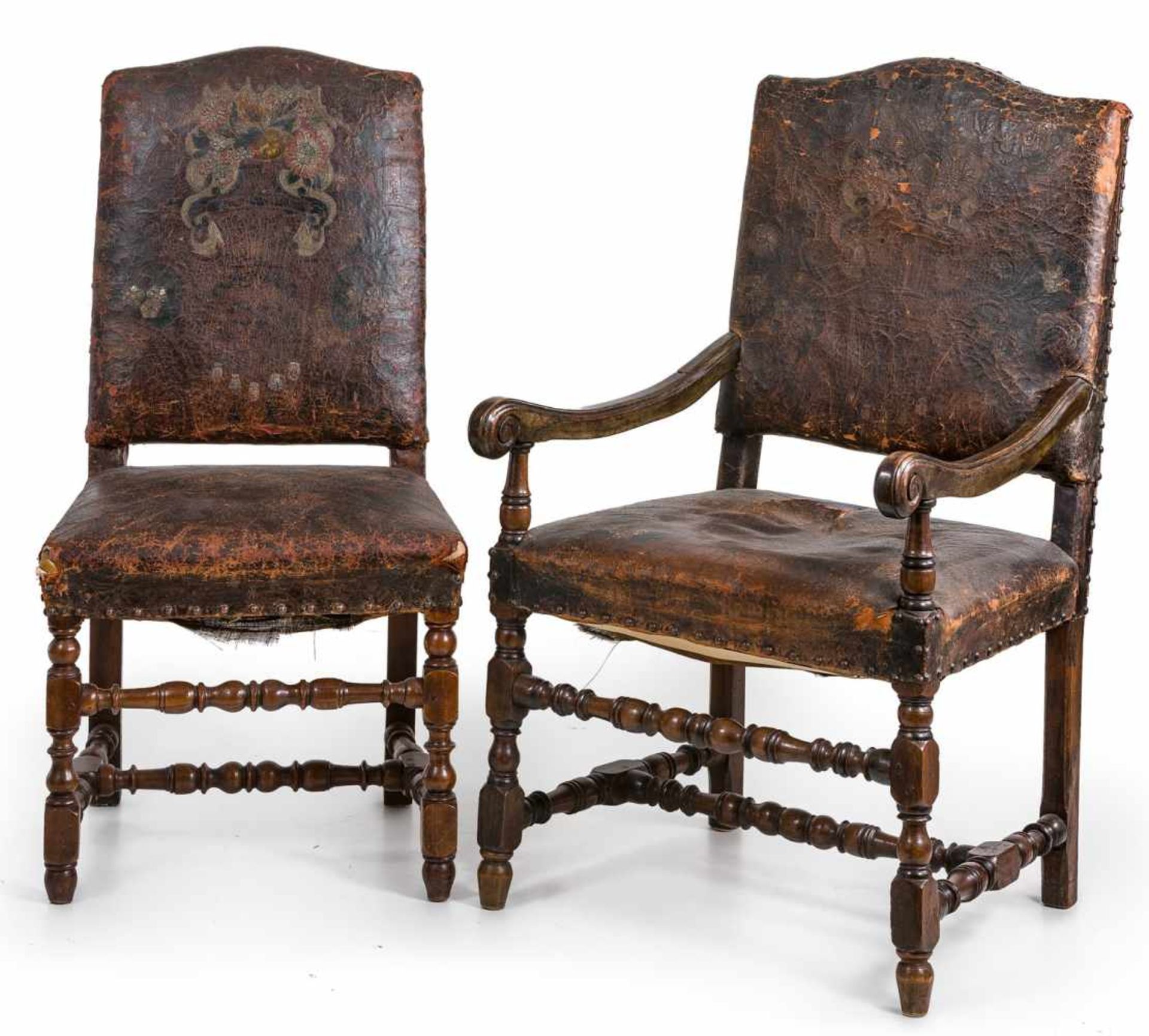 Sechs Stühle u. zwei Armlehnstühle Louis XIII wohl 17. Jh.Nussbaum. Balusterbeine mit H-förmiger - Image 2 of 2