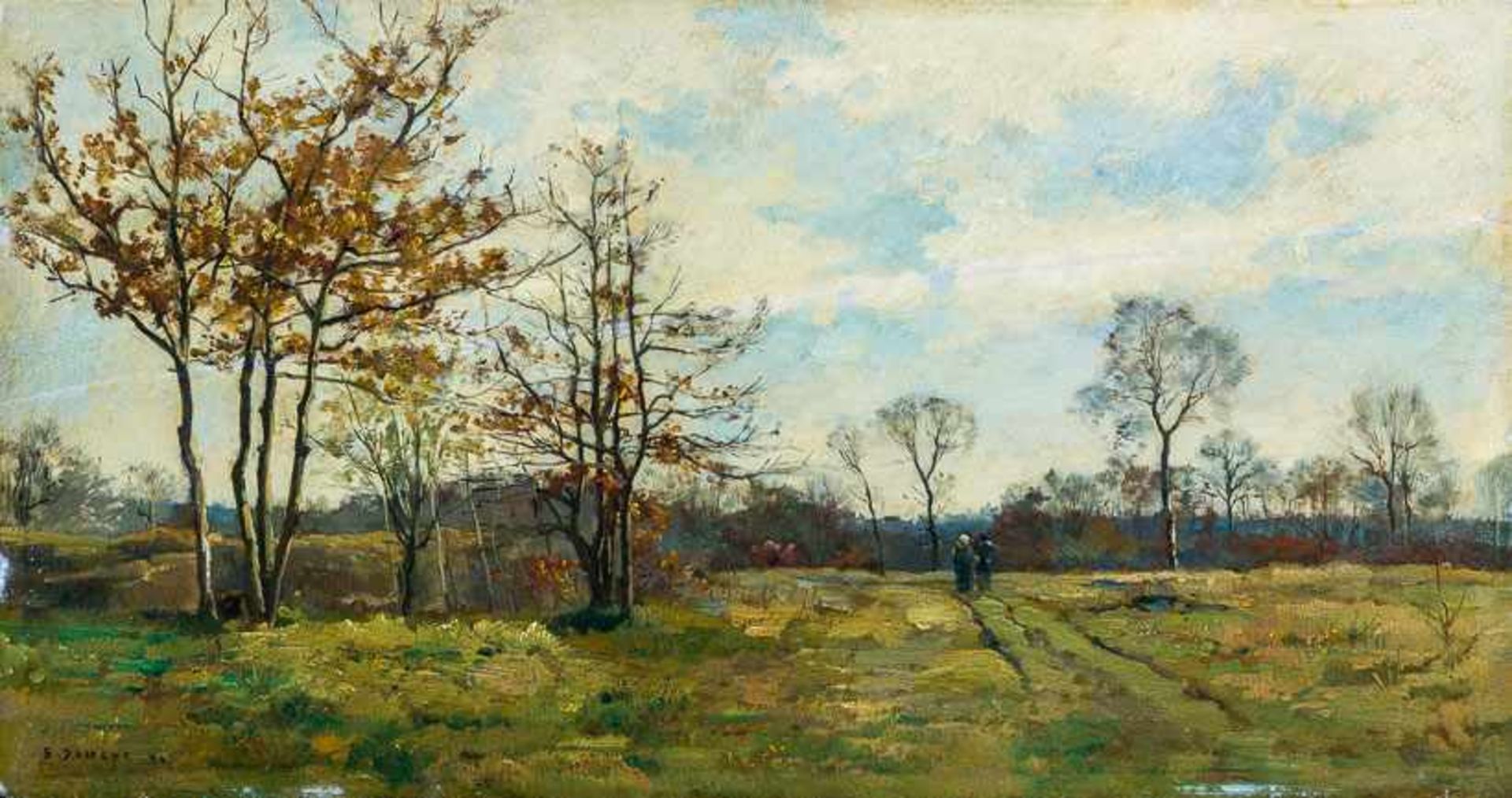 Damoye, Pierre-Emmanuel (Paris 1847-1916)Herbstliche Waldlandschaft bei CompiègneAuf dem Wiesenweg