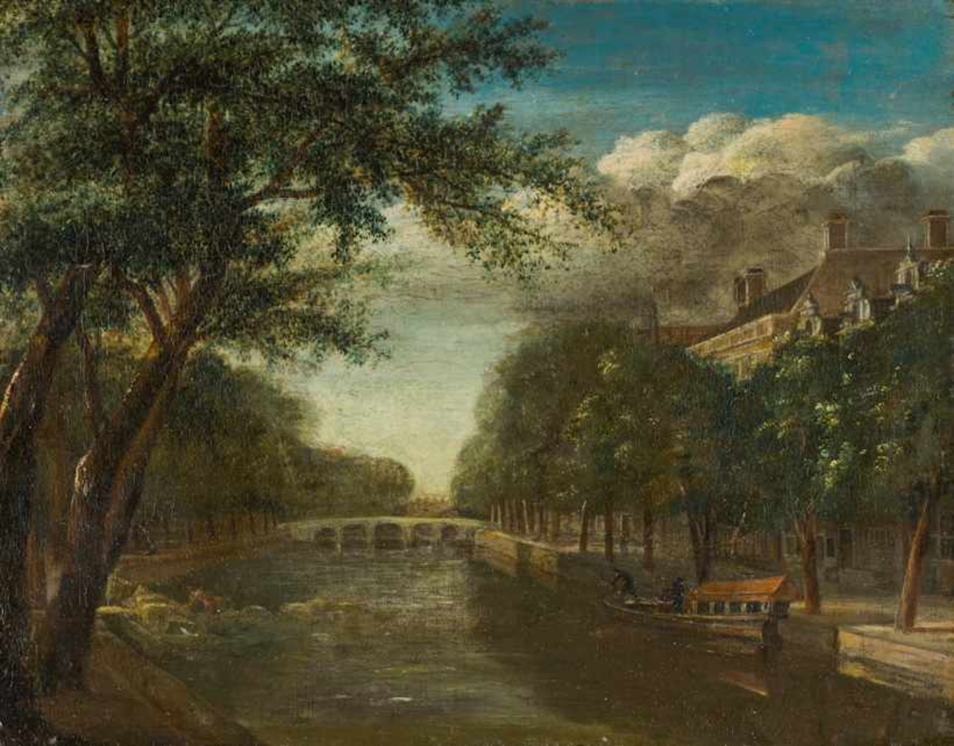 Holländisch (1. H. 19. Jh.)Befestigter Flusslauf mit Bogenbrücken und zwei BootenAm Ufer blühende