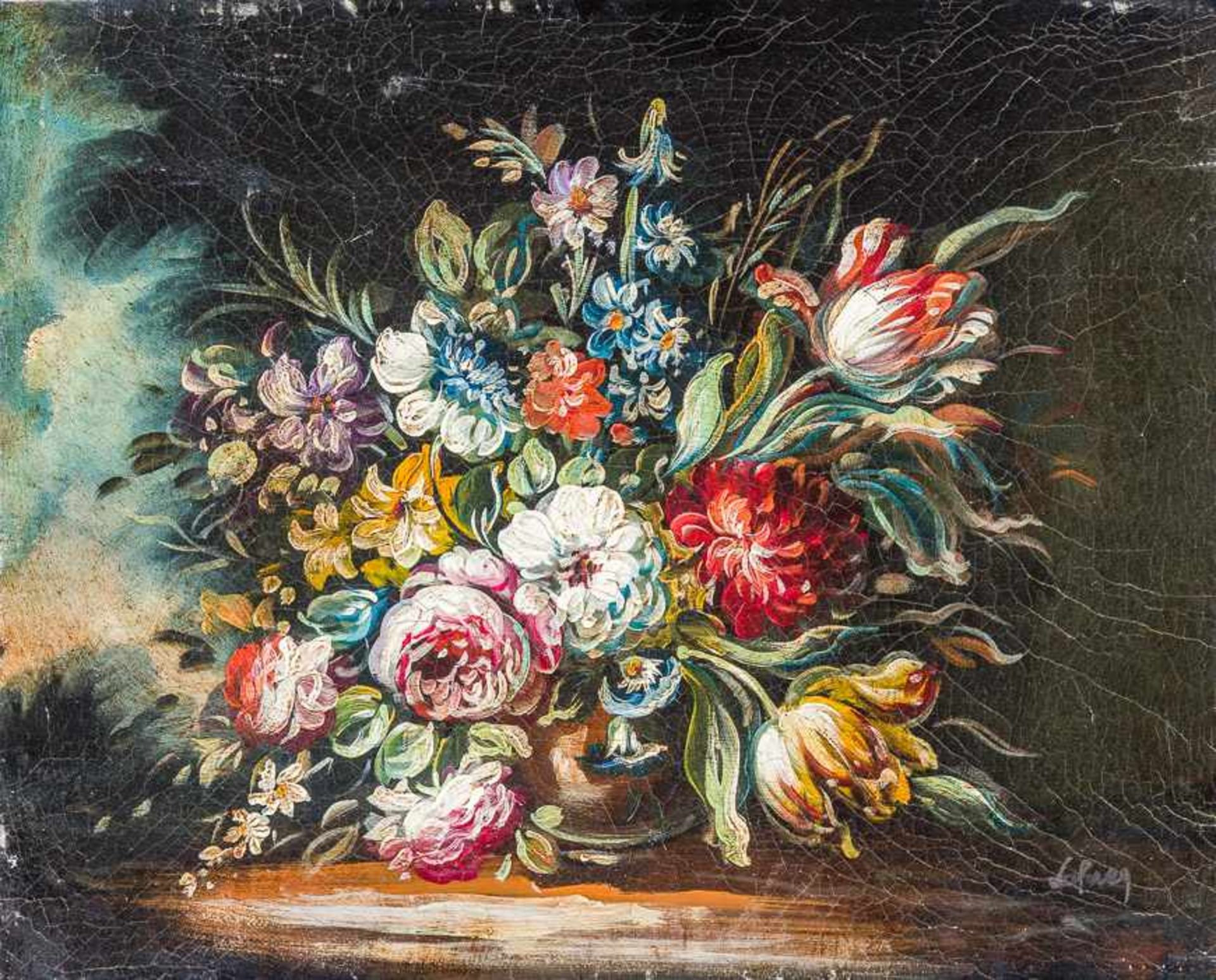 Blumenmaler, nach älterem VorbildBunter BlumenstraußUnlesbare Signatur. Lwd. 24×30 cm. R.(55585)