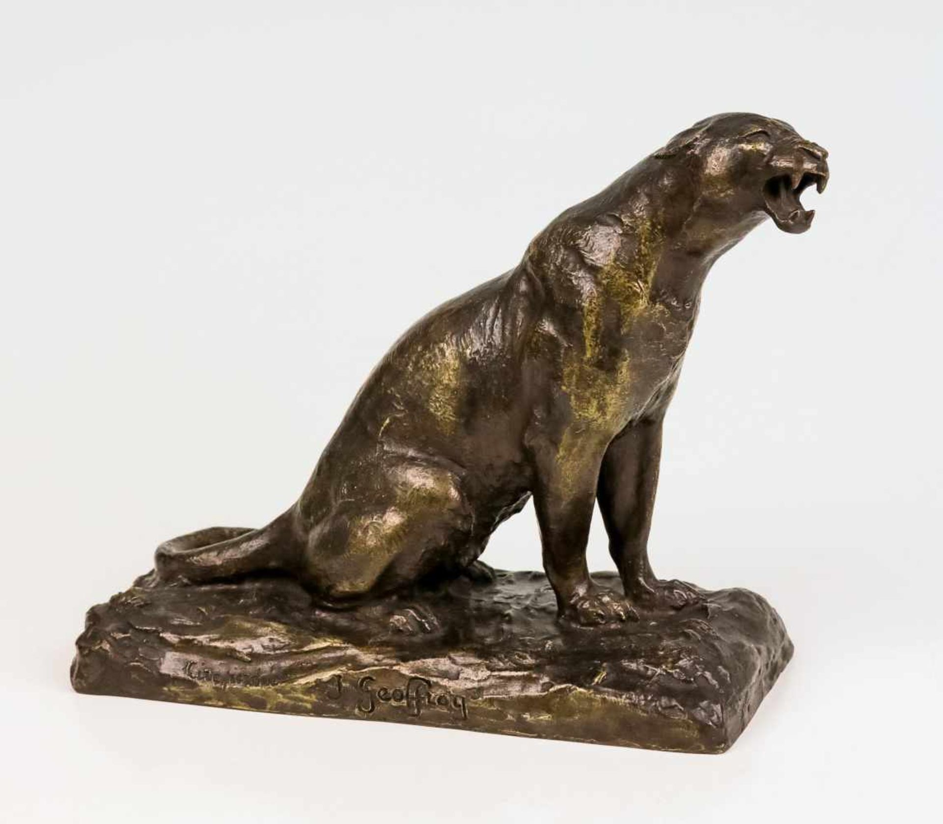 Geoffroy, Adolphe Louis (1844-1915)Fauchender Pantherauf einer Terrain Plinthe. Bronze, braun