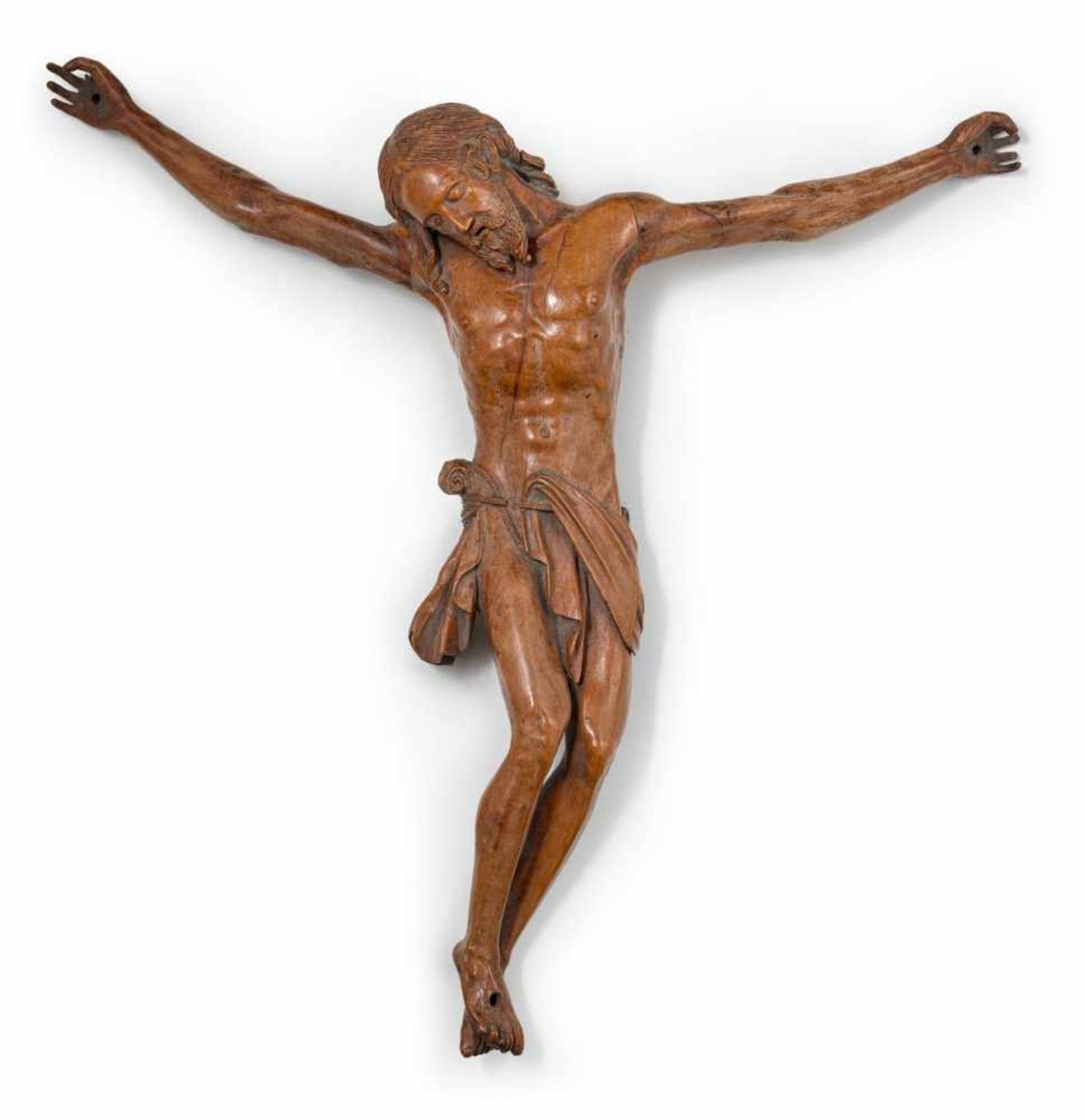 Korpus eines Kruzifixes17. Jh.Dreinageltypus, wohl süddeutsch oder alpenländisch. Obstholz,