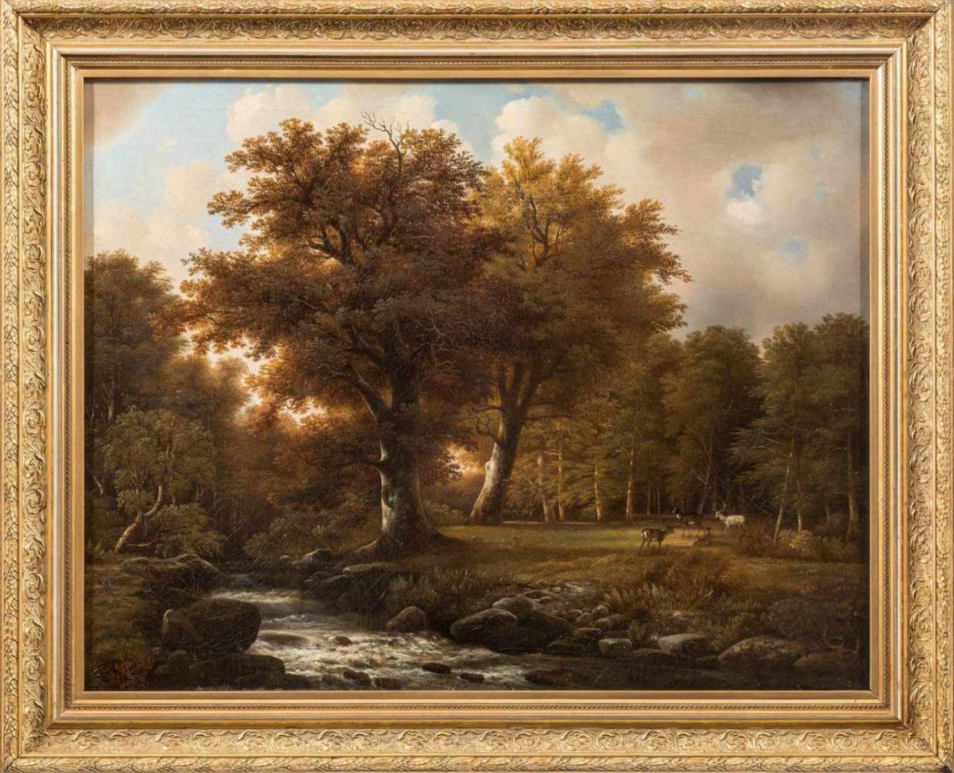 Becker, August (Darmstadt, Düsseldorf 1822-1887)Waldlichtungmit mächtiger Eiche an kl. Bachlauf.