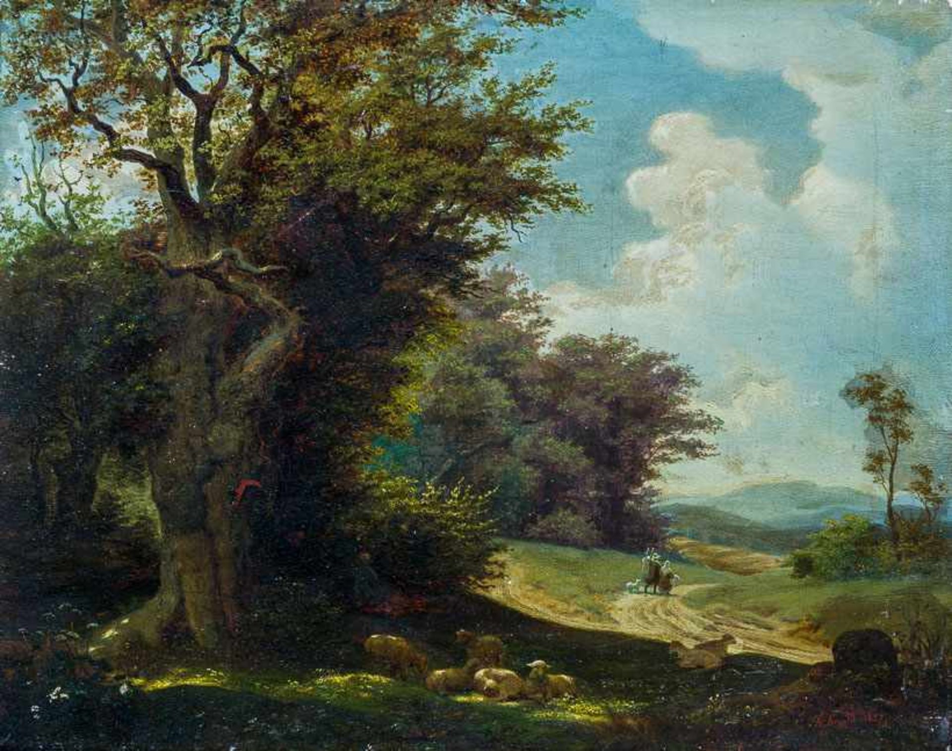 Arnold, Alois (Österreich, nachweisbar um 1844/1863)SommertagHügellandschaft und mächtige Eiche. Auf