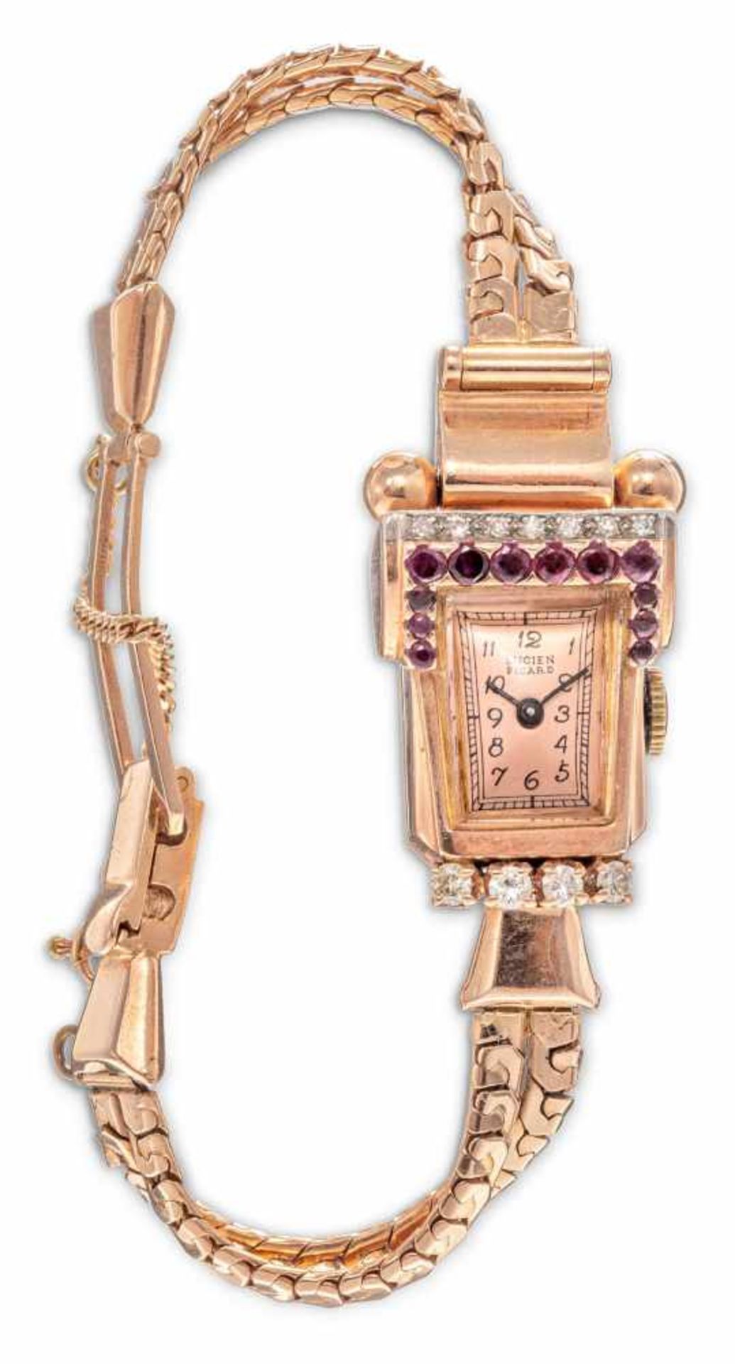 Vintage-Lucien-Picard-Armbanduhr50er Jahre. 585/f. Rotgold, Diamanten und Rubine. Trapezförmig,