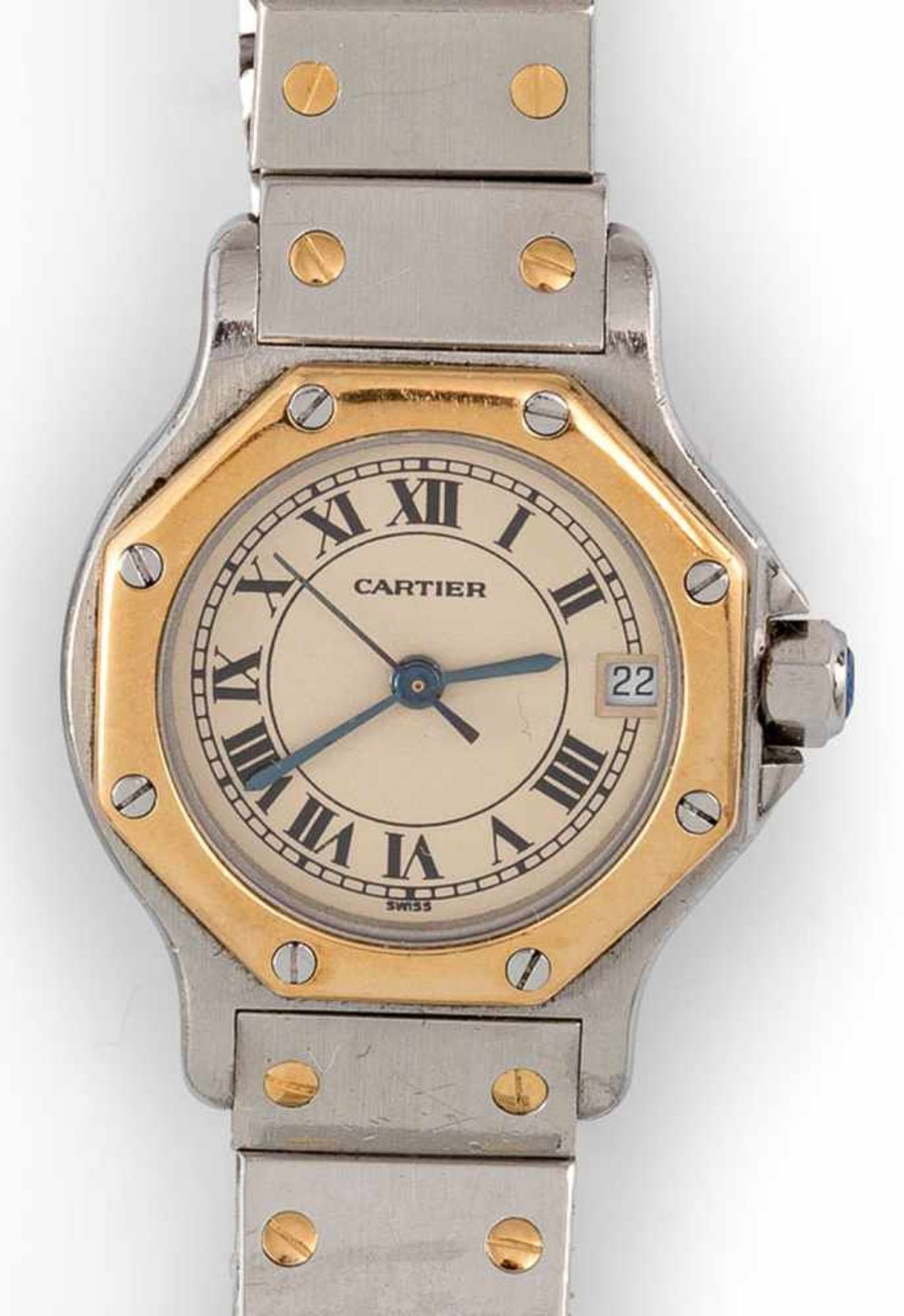 Cartier-DamenarmbanduhrSantos. Stahl, teilweise vergoldet. Oktogonales Uhrgehäuse und helles