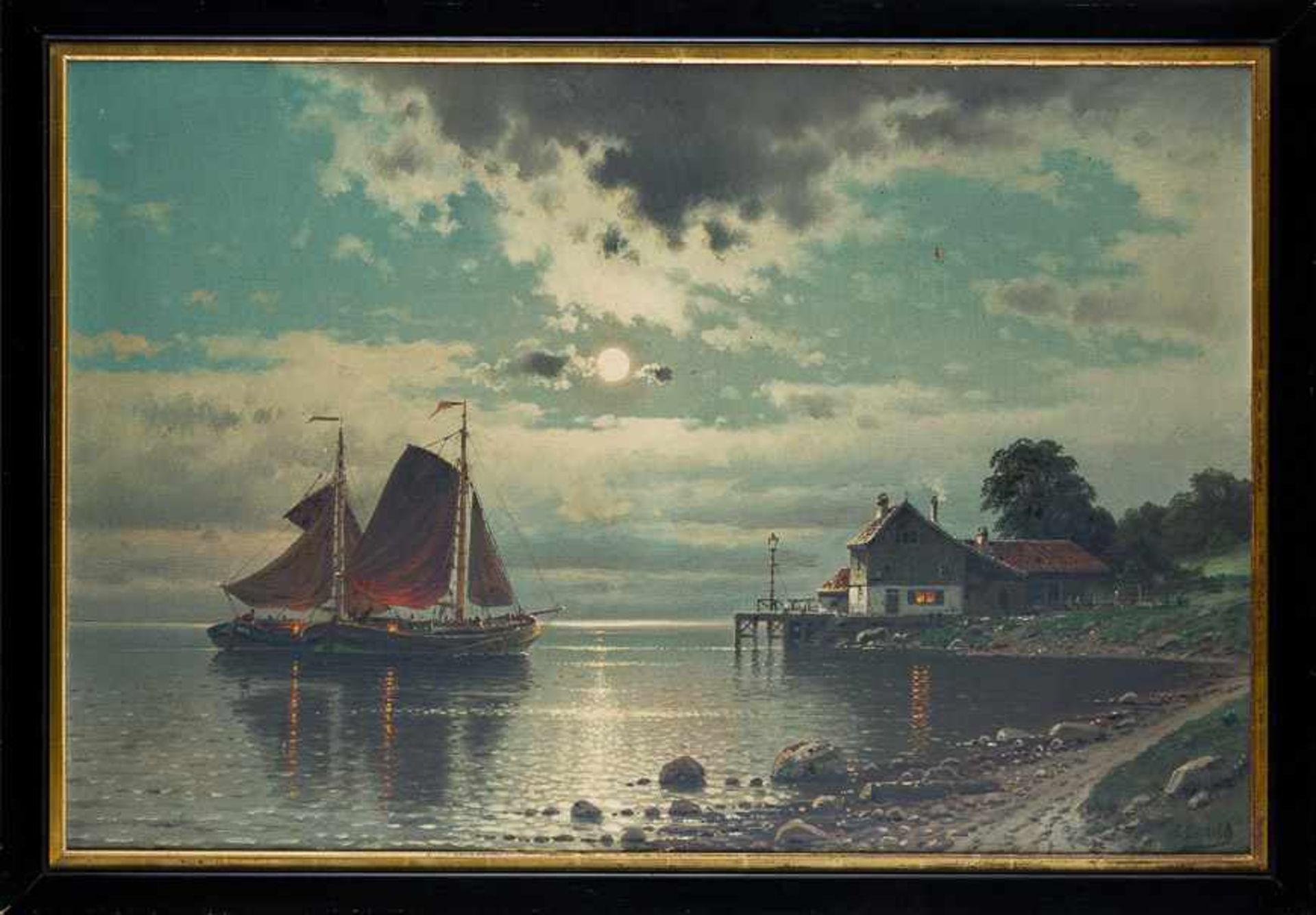 Bertold, Carl (geb. 1870)Holländische Fischerboote mit roten Segeln in weiter BuchtAm Ufer