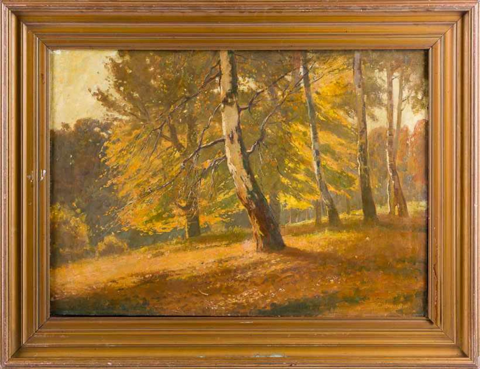 Gildemeister, Max (Berlin 1872-1935)Herbstliche Waldlichtung mit Birken und BuchenSign. Lwd. 58×80