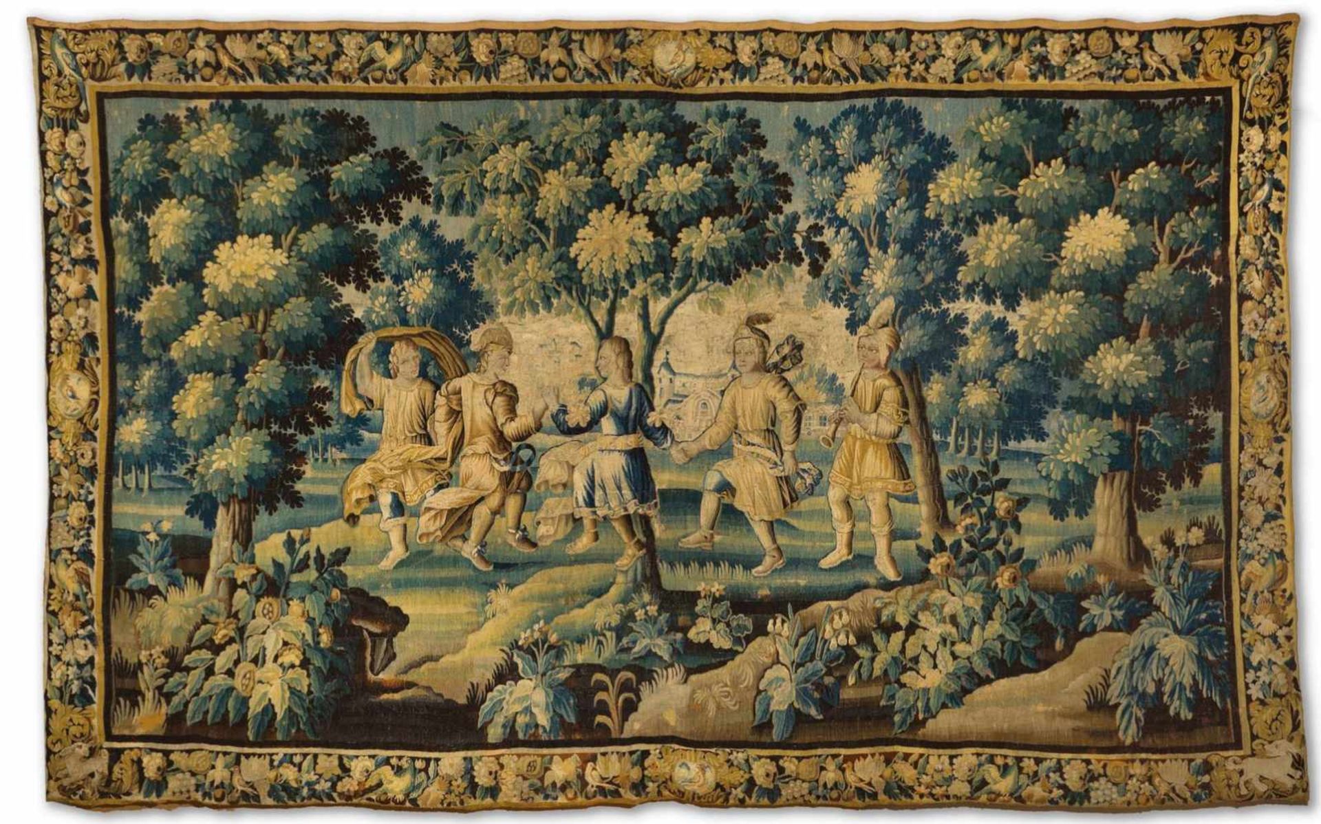 Oudenaarde(um 1730)Vergnügen im Freien. Tanzende unter Bäumen. Wandteppich, Wolle gewirkt. In den