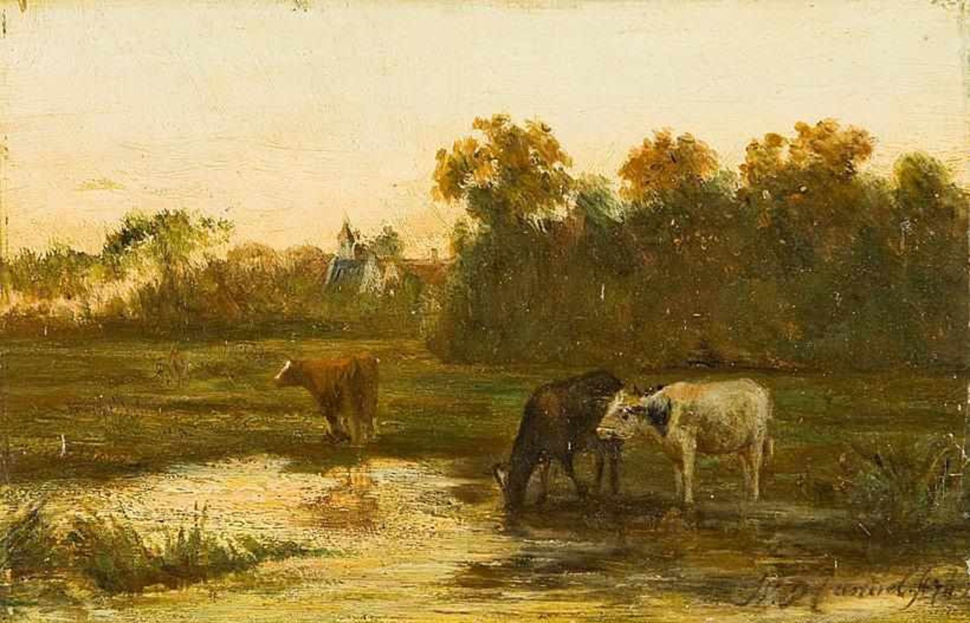 Candel, Willem Pieter (Den Haag 1835-1904)Drei Kühe am Wasser in Wiesenlandschaft mit