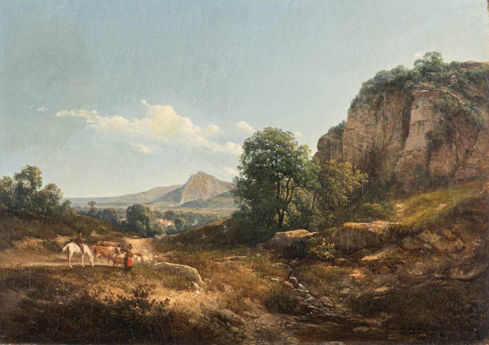 Achard , Jean Alexis (Voreppe, Grenoble 1807-1884)Bergige Landschaft mit Reiter und Schaf-/