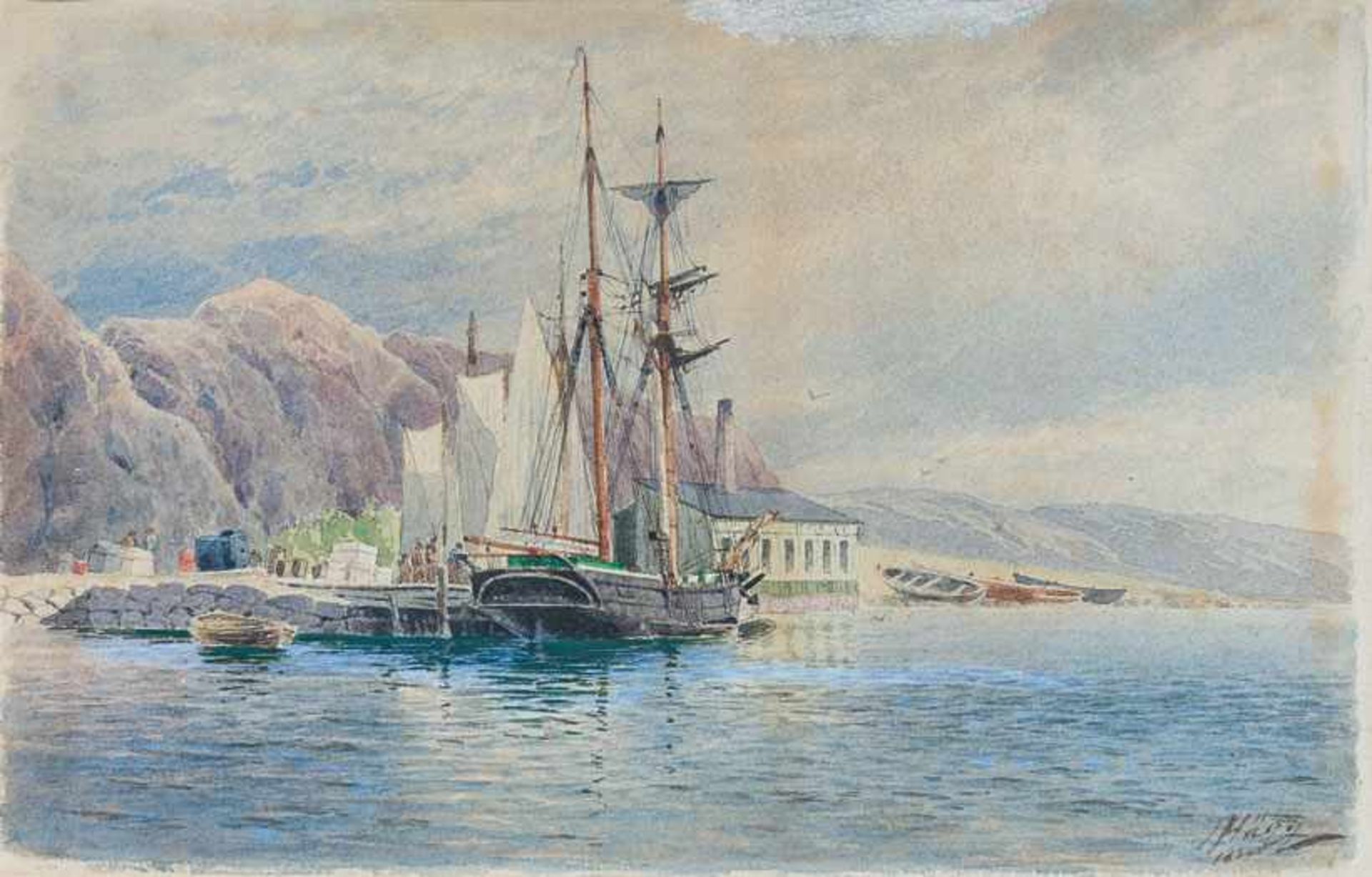 Hägg, Jakob (Schweden 1839-1931)Skandinavische Küstemit kl. Hafen und ankerndem Zweimaster. Sign. u.